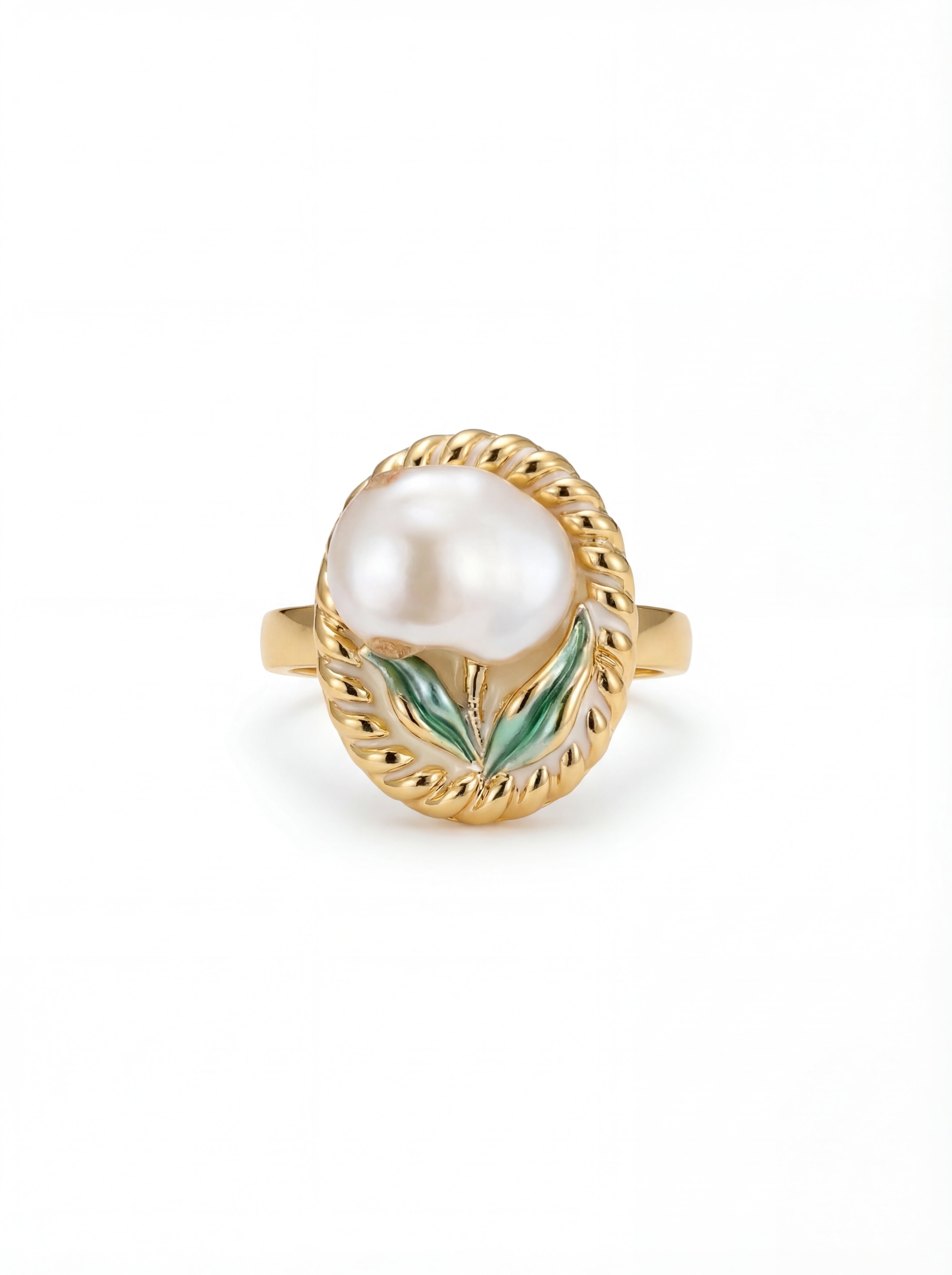 Gold ring with a pearl and green accents on a white background