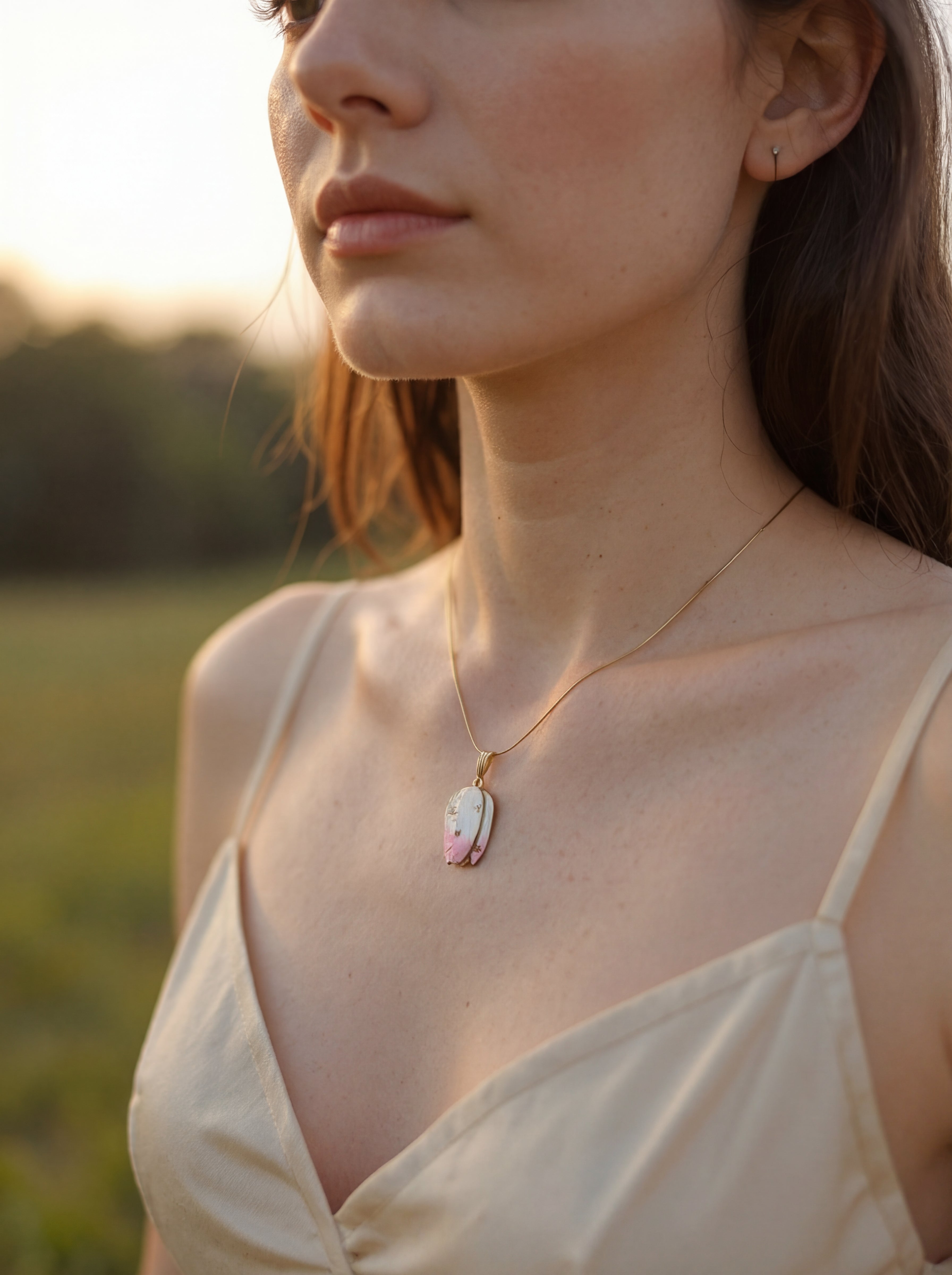 Woman wearing a necklace with a pendant in a natural setting