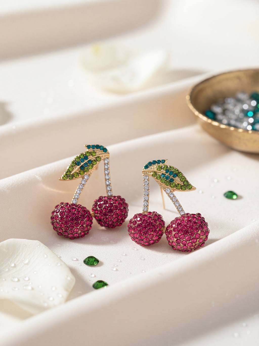 Cherry-shaped earrings with gemstones on a white surface
