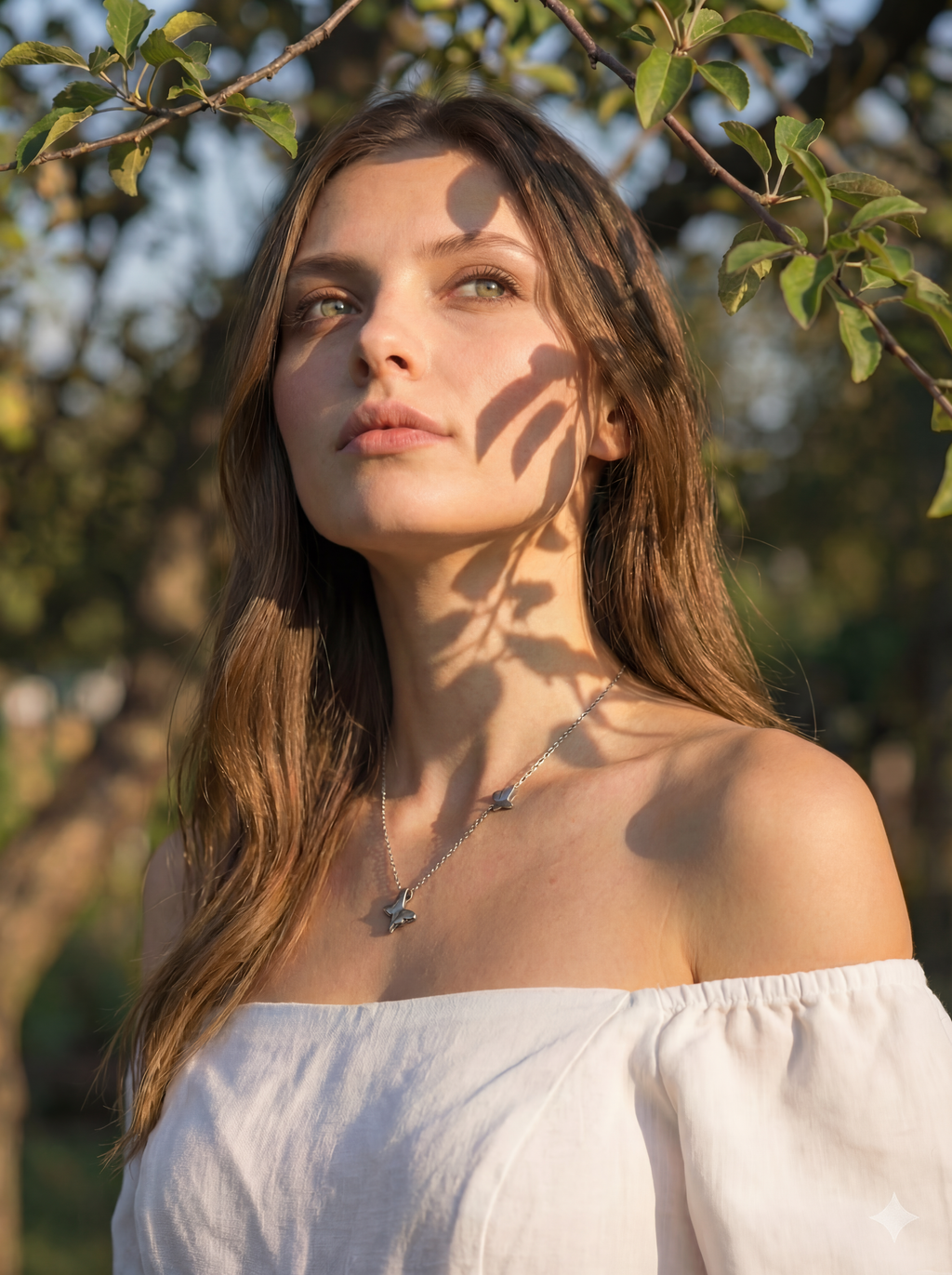 Woman with long brown hair and a white off-shoulder top, waering a butterfly necklace