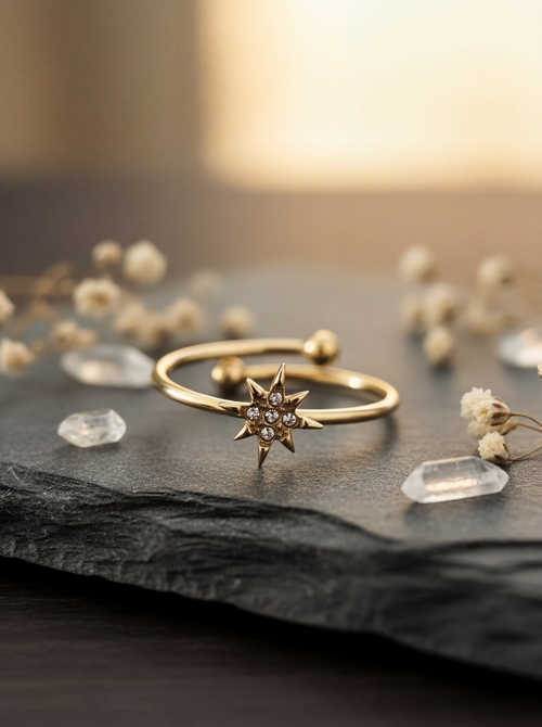 Gold star-shaped ring on a dark surface with small crystals and dried flowers.