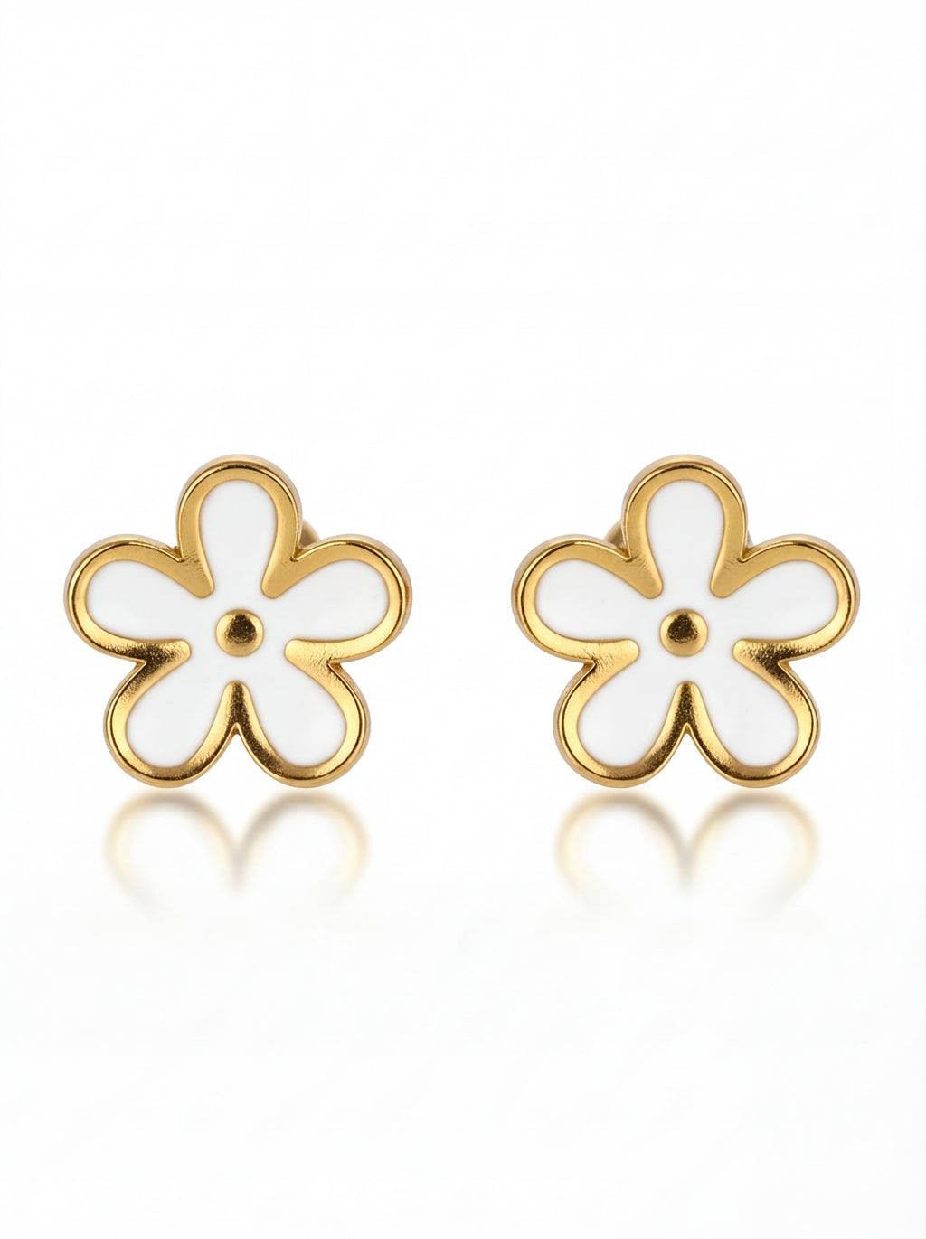 Pair of flower-shaped earrings with gold frames and white centers on a white background