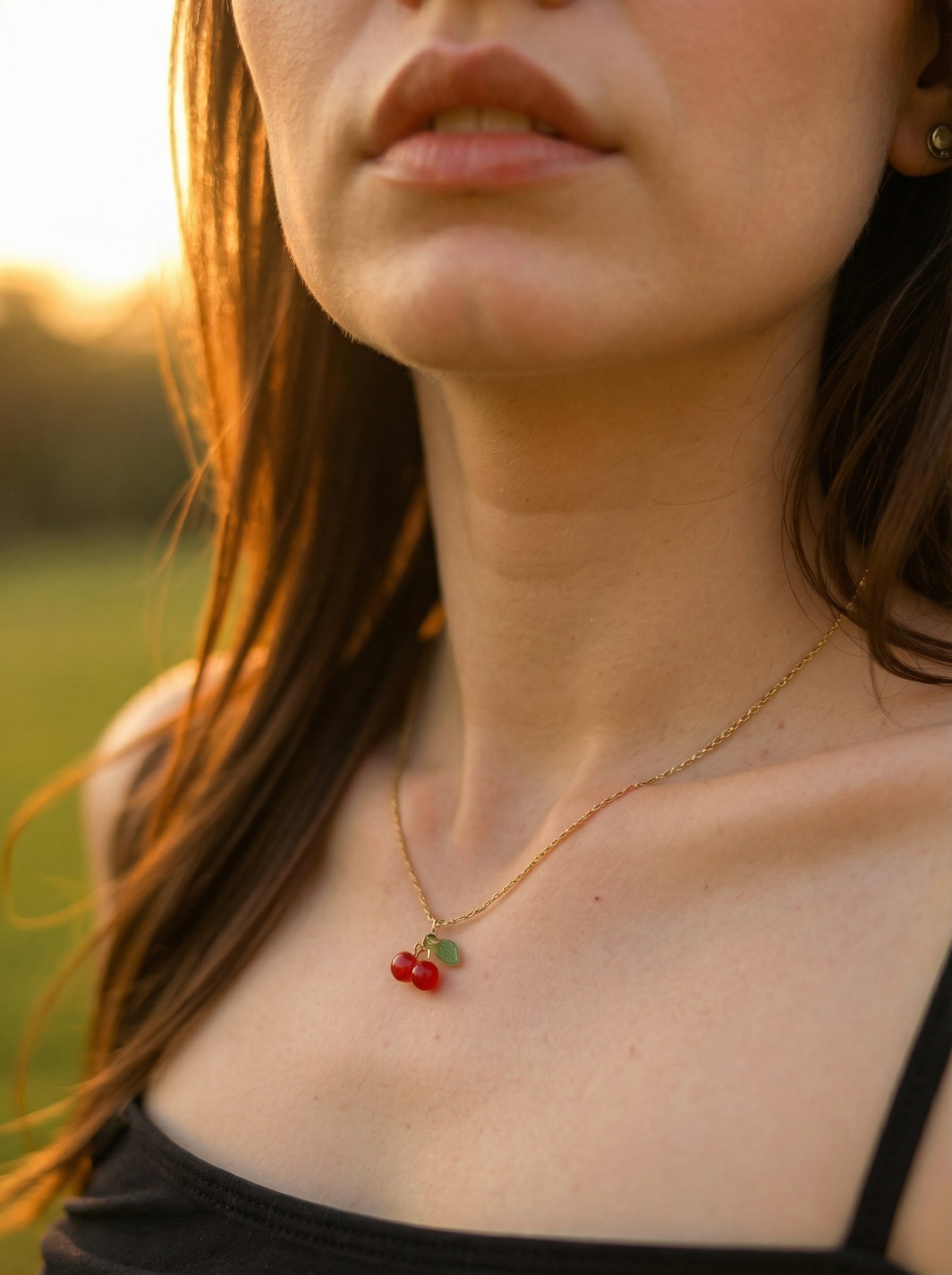18K Gold Plated Cute Sweet Red Cherry Necklace - Stainless Steel