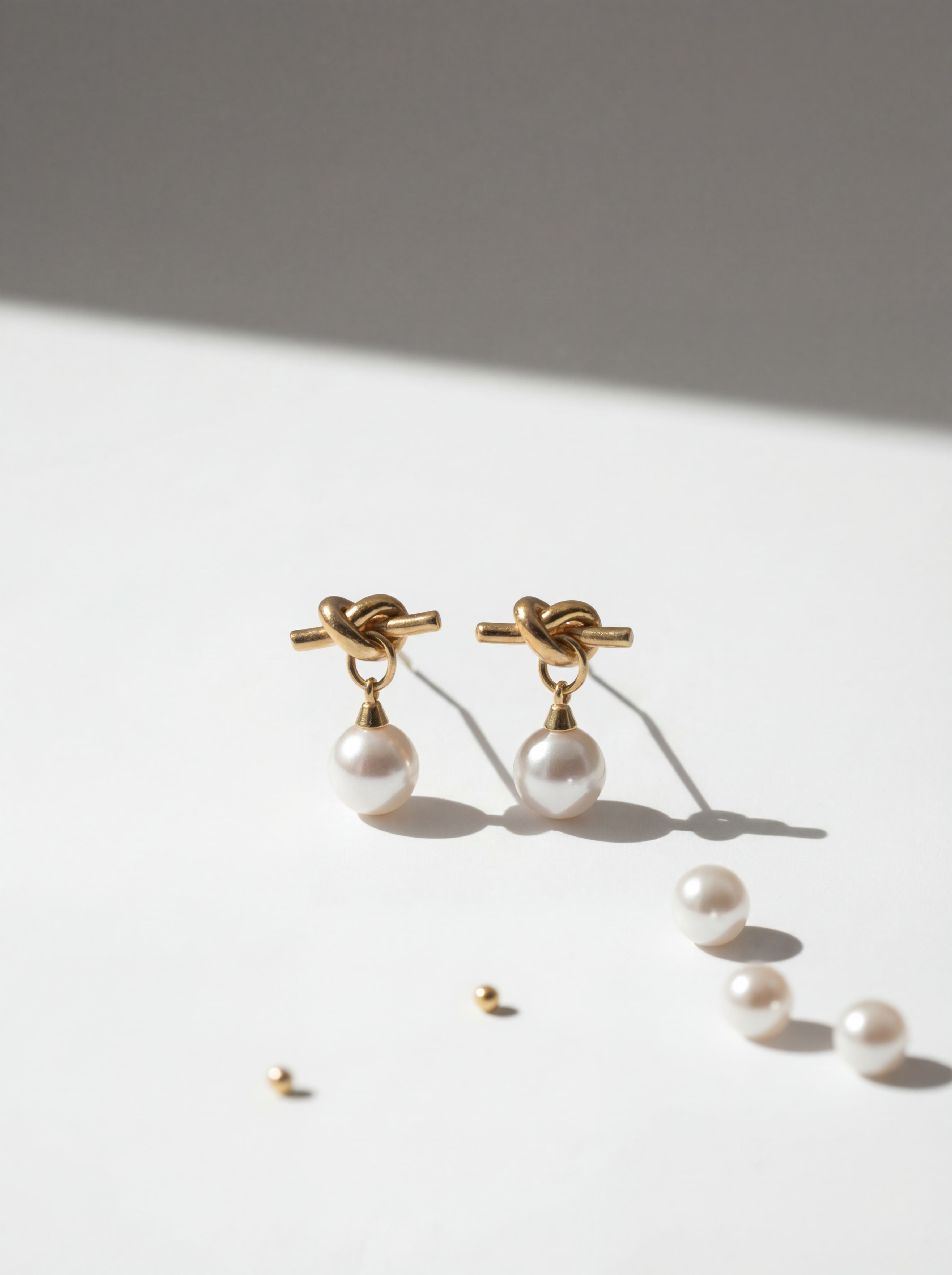 Pair of pearl earrings with gold knots on a light surface