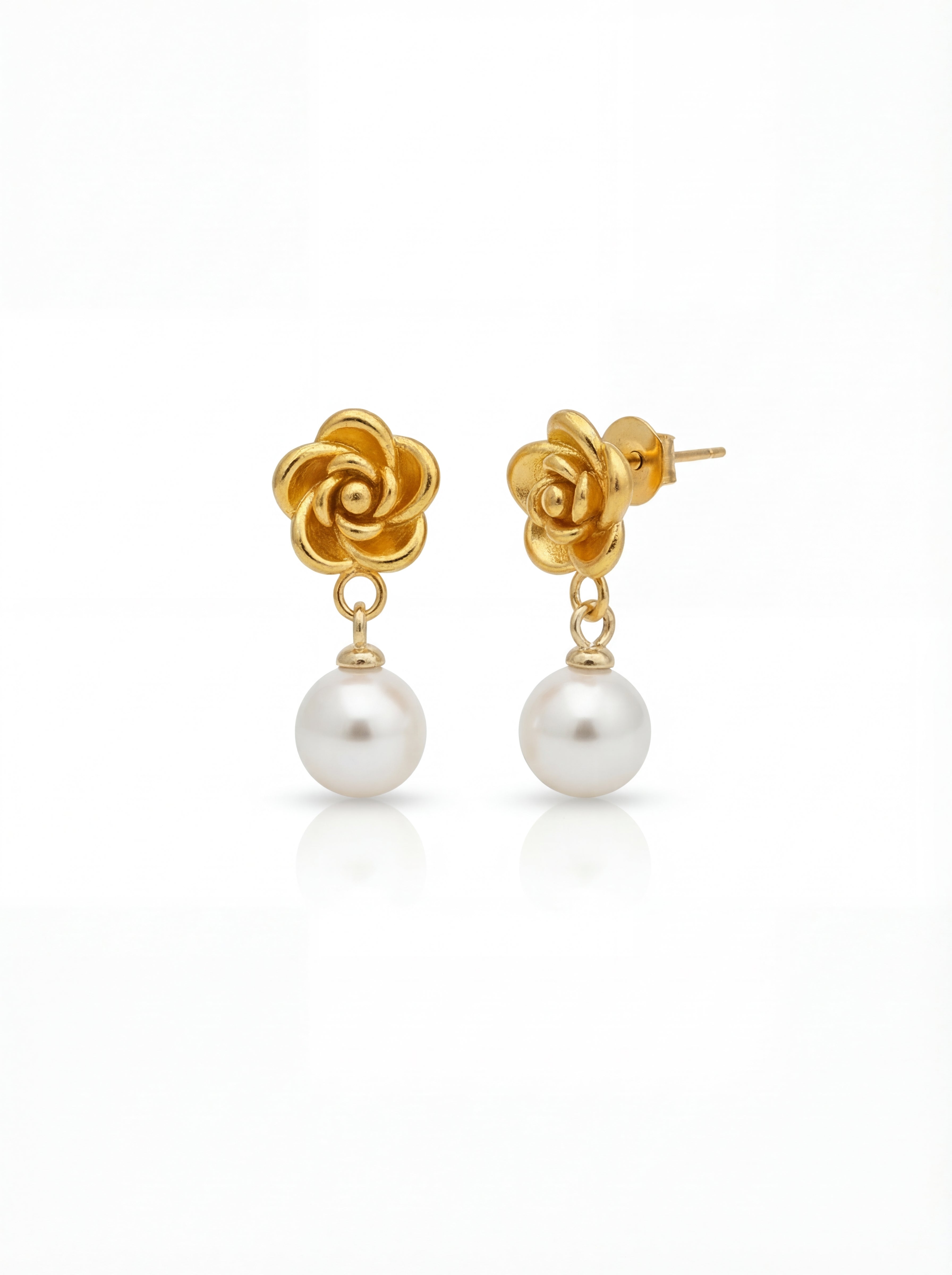 18K Gold Plated Rose Flower Pearl Earrings - Simple Style