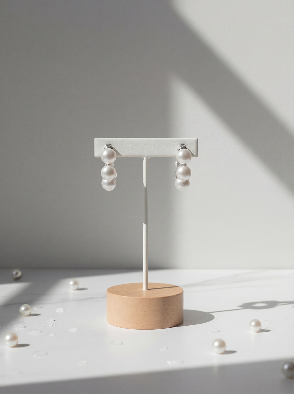 White earring stand with pearl earrings on a light gray background