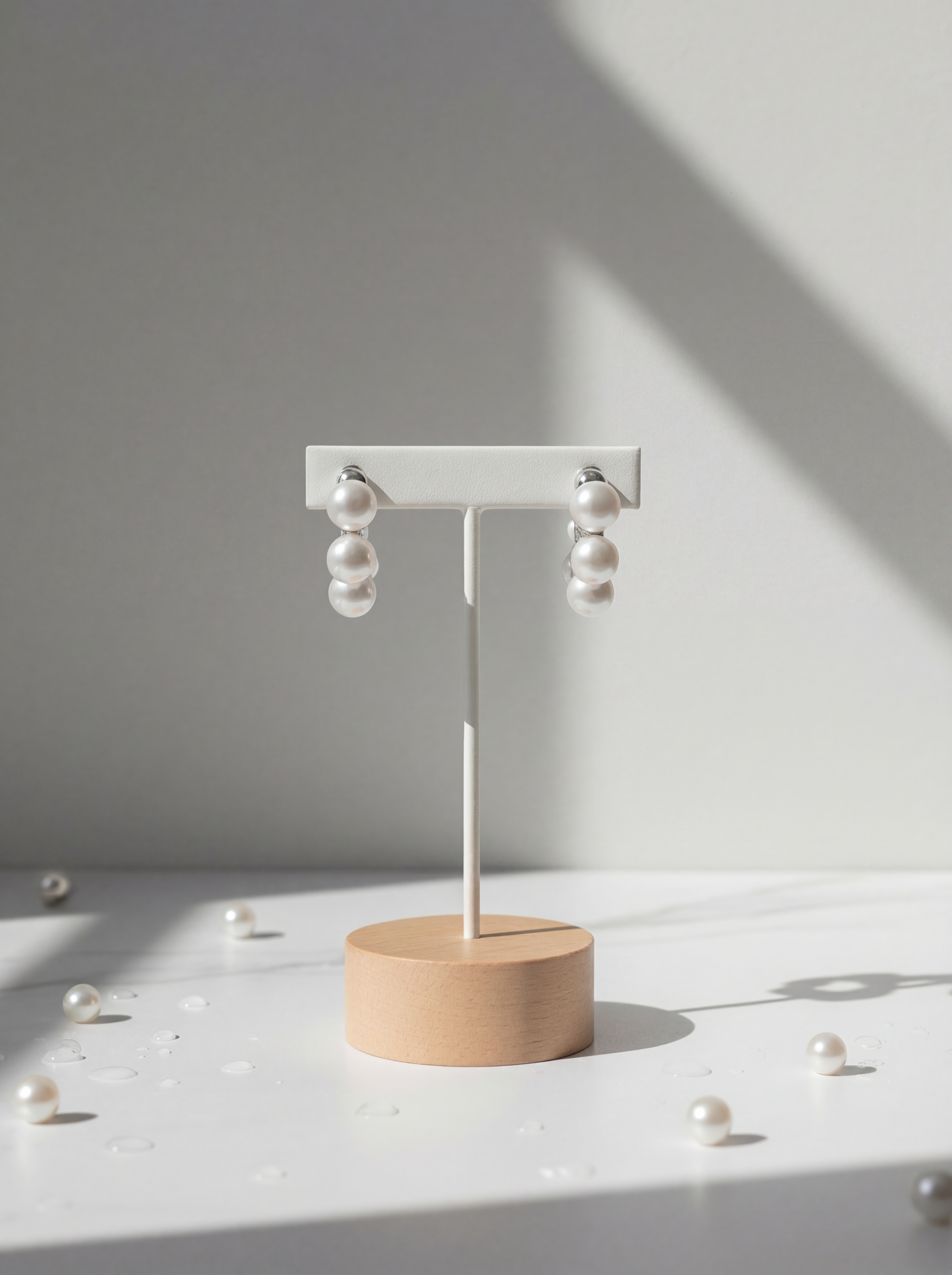 White earring stand with pearl earrings on a light gray background