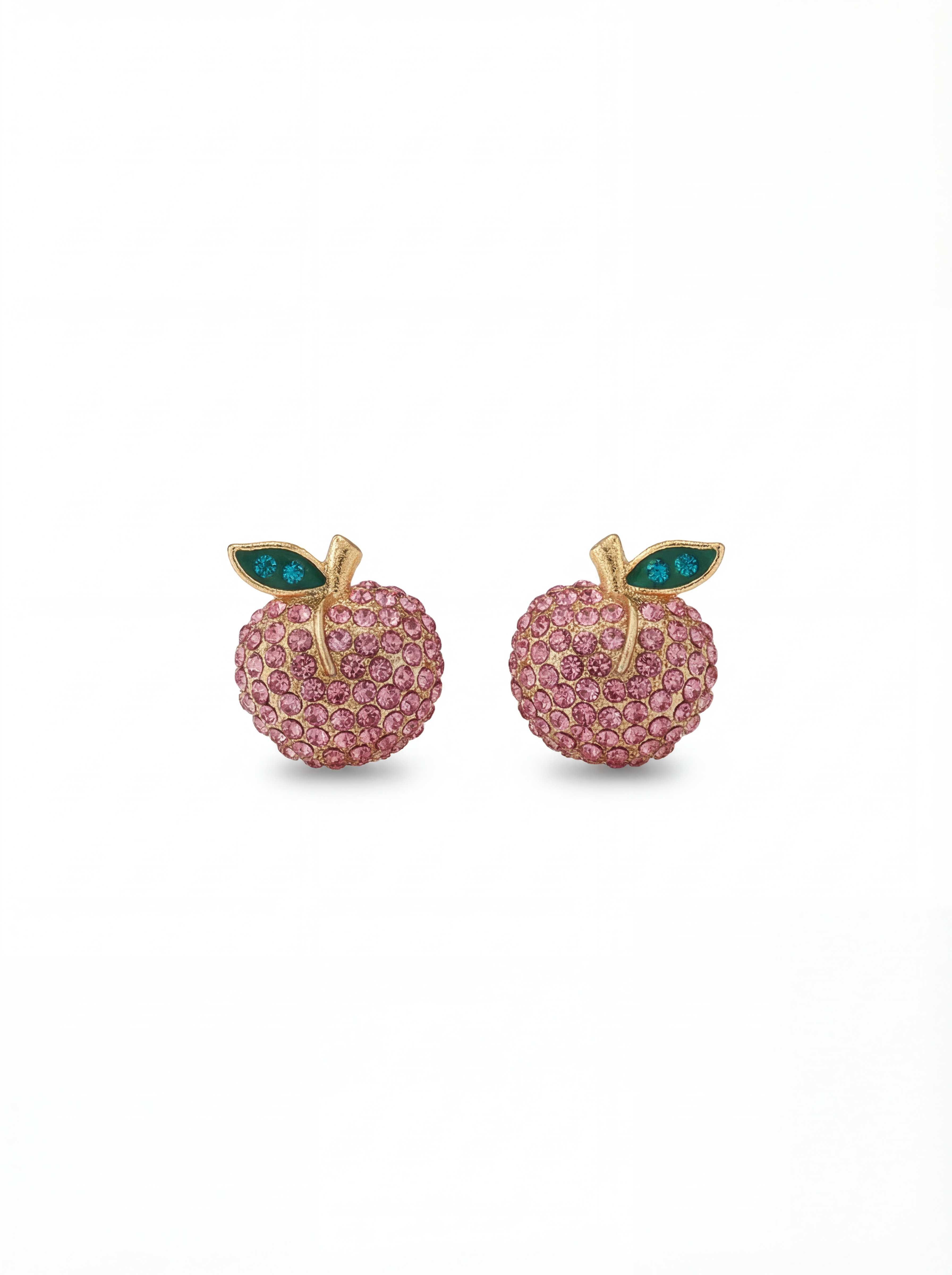 Pink apple-shaped earrings with green leaves on a white background