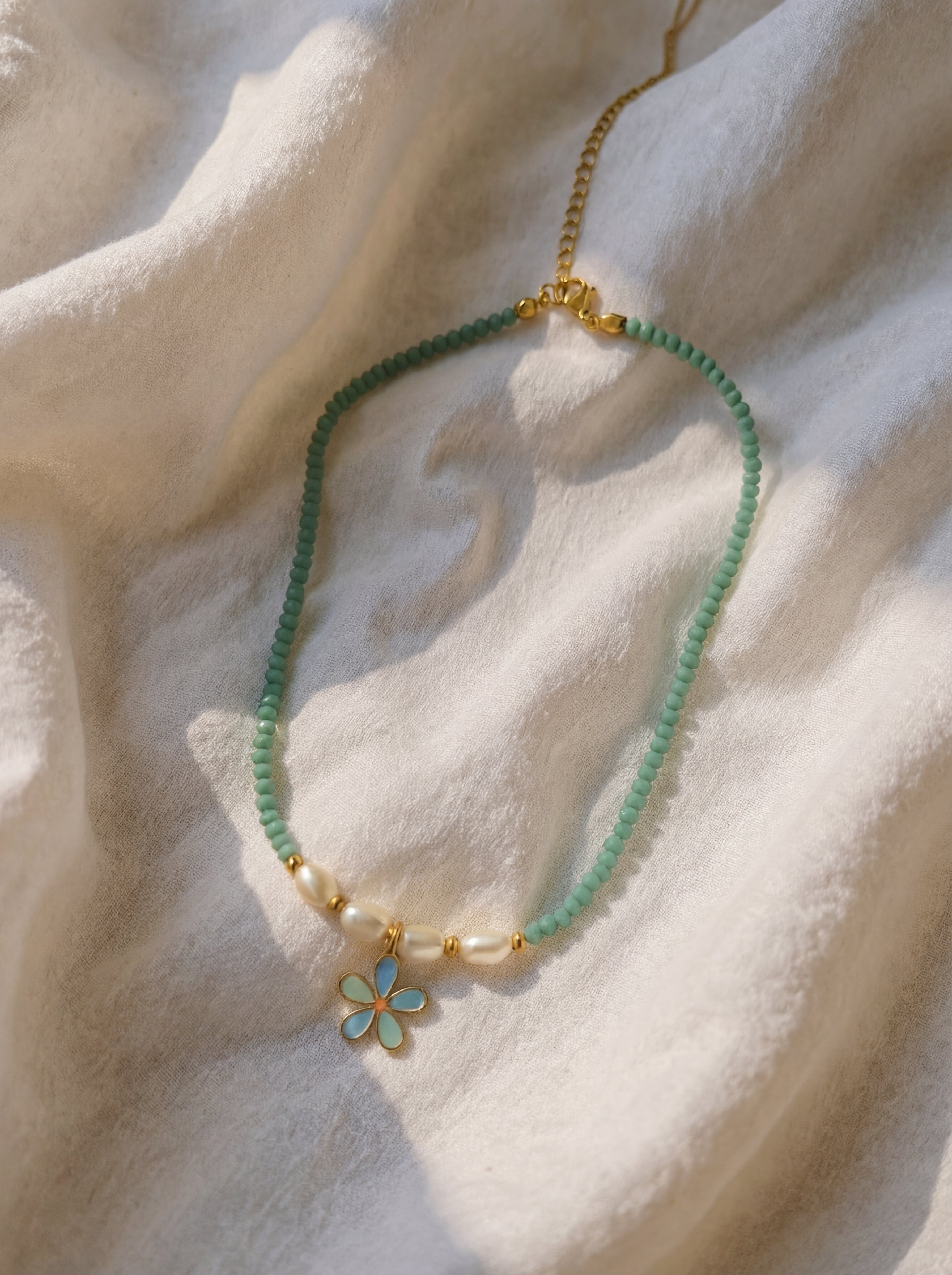 18K Gold Plated Enamel Flower Beaded Necklace - 316L Stainless Steel