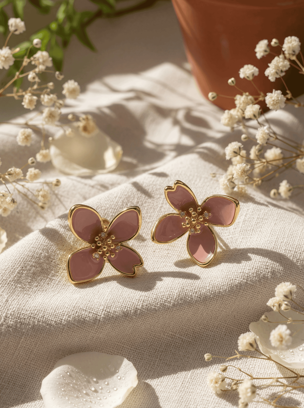 Pair of pink flower earrings with gold accents on a light fabric background with white flowers.