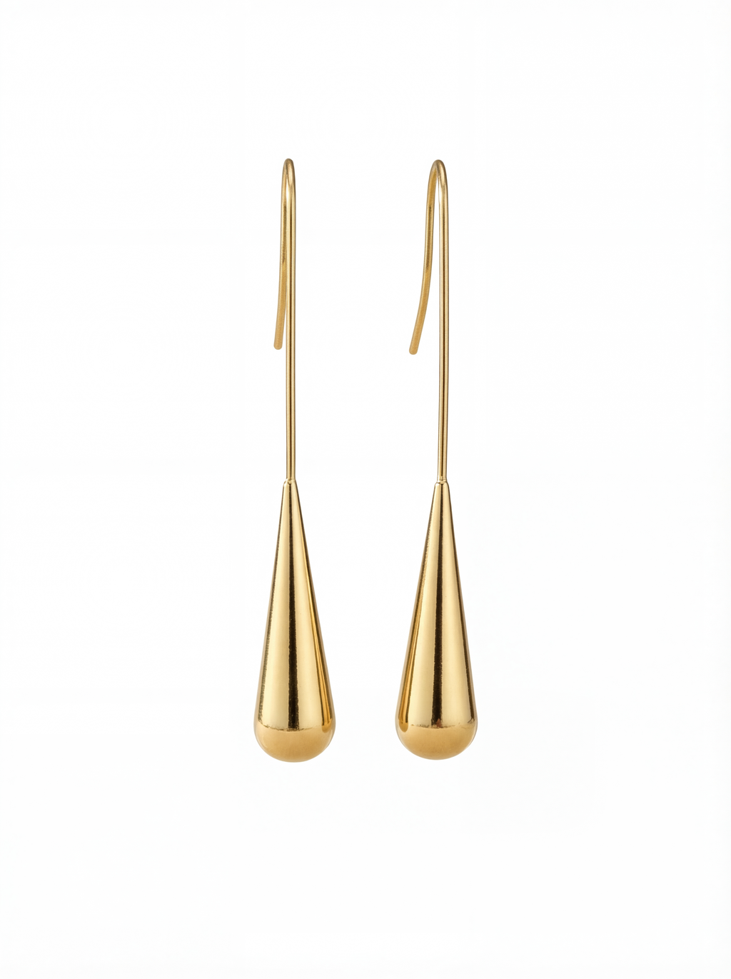 Pair of gold drop earrings on a white background