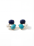 Pair of earrings with blue, turquoise, and pearl stones on a white background