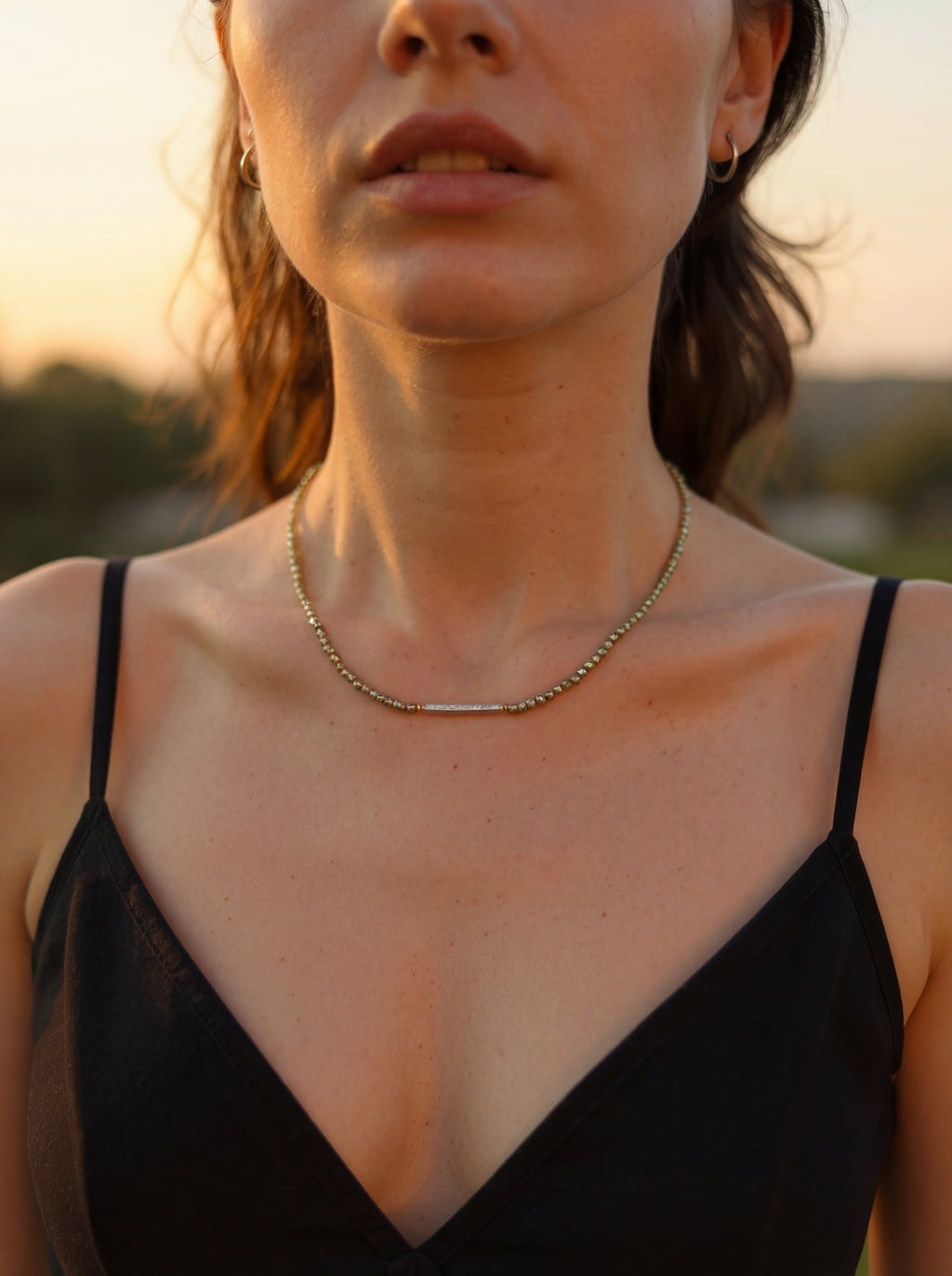 Freshwater Pearl Bar Bead Necklace - Dainty Olive Green Beaded