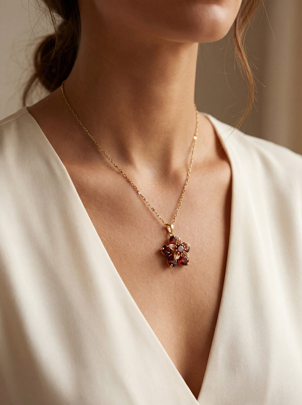 18K Gold Plated Ruby Flower Necklace - Zircon Simple Style