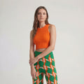 Retro Dark Green Geometric Knit Wide-Leg Trousers