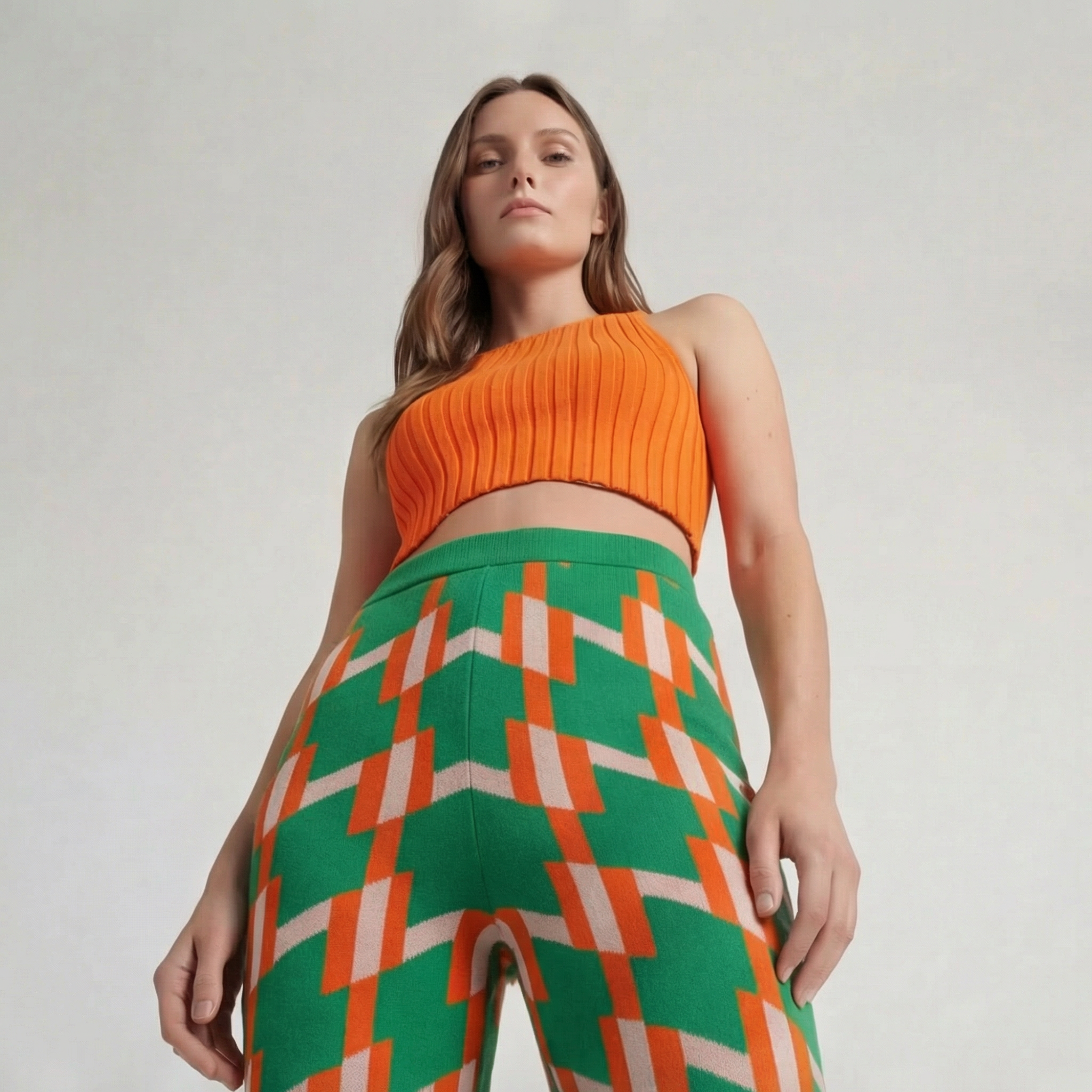 Retro Dark Green Geometric Knit Wide-Leg Trousers