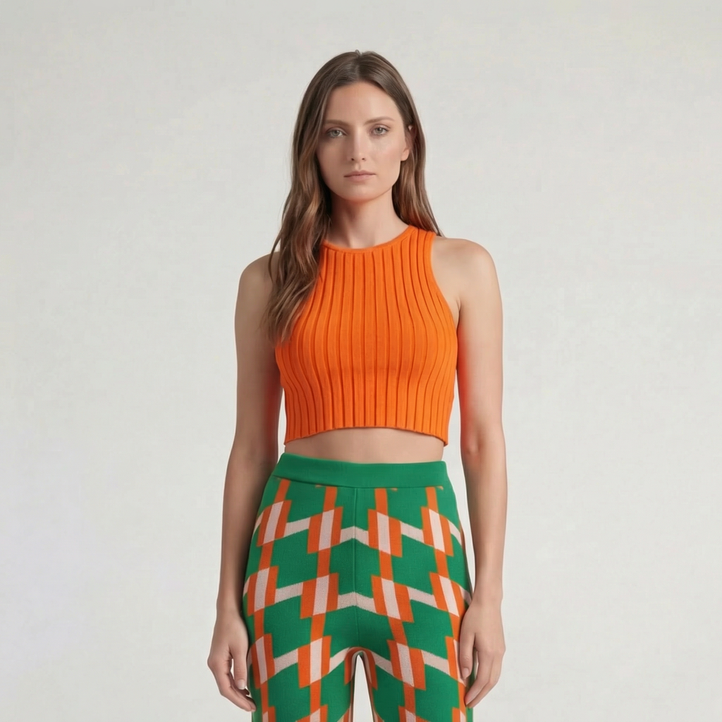 Retro Dark Green Geometric Knit Wide-Leg Trousers