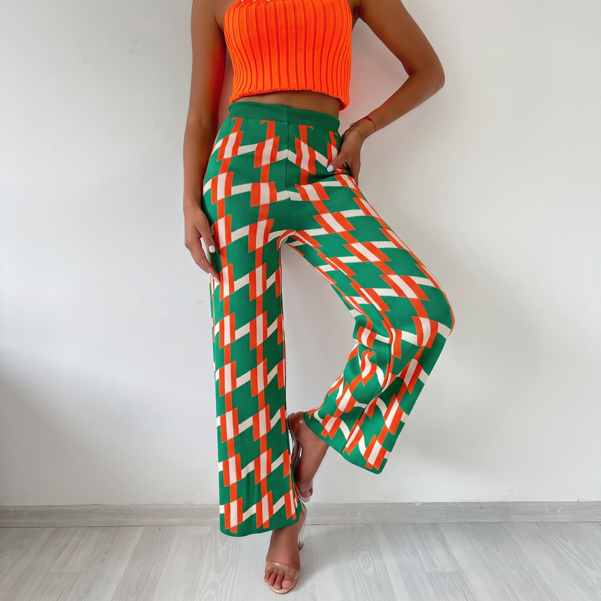 Retro Dark Green Geometric Knit Wide-Leg Trousers