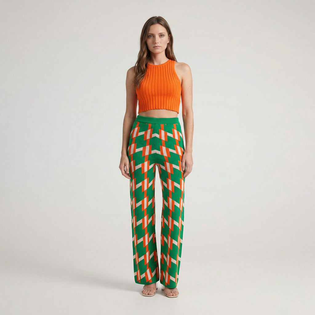 Retro Dark Green Geometric Knit Wide-Leg Trousers