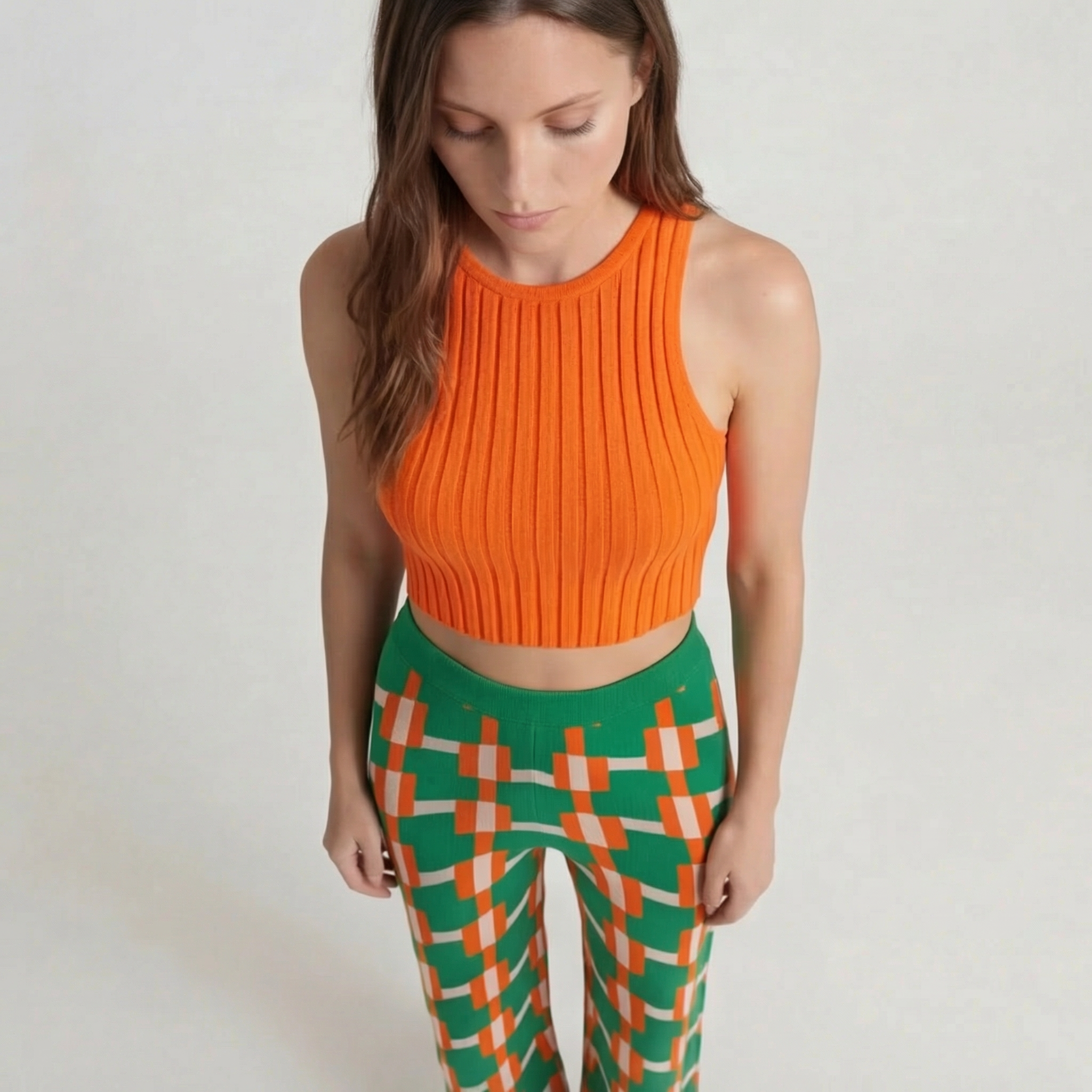 Retro Dark Green Geometric Knit Wide-Leg Trousers
