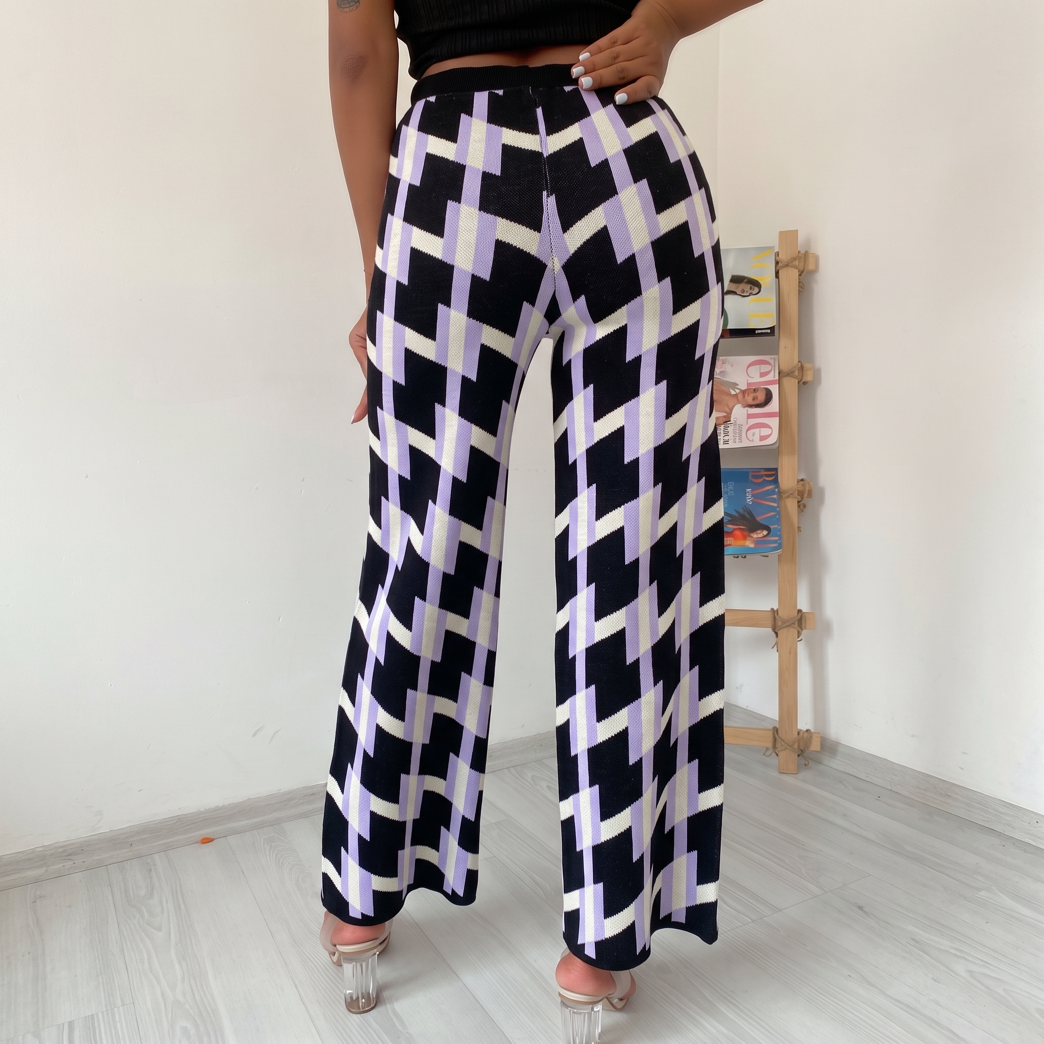 Retro Geometric Pattern Knit Wide-Leg Trousers in Purple & Black