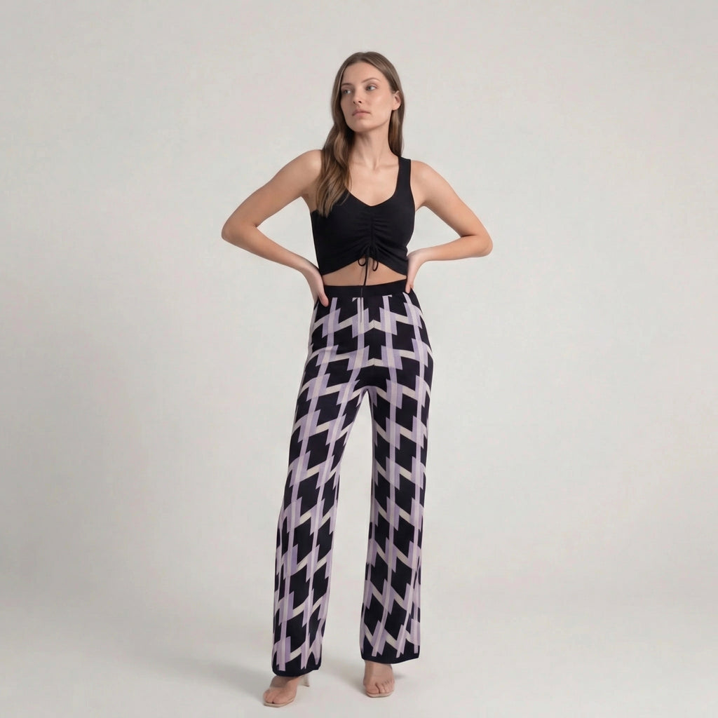 Retro Geometric Pattern Knit Wide-Leg Trousers in Purple & Black