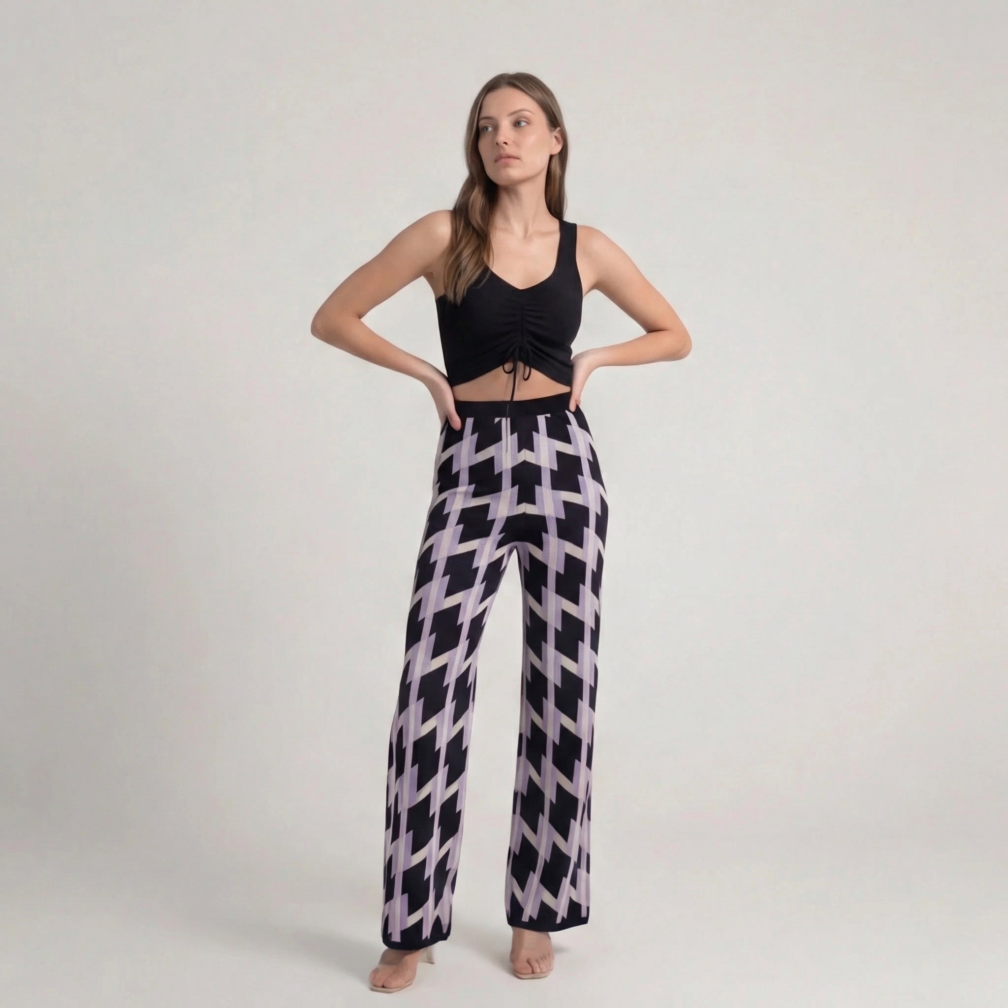 Retro Geometric Pattern Knit Wide-Leg Trousers in Purple & Black
