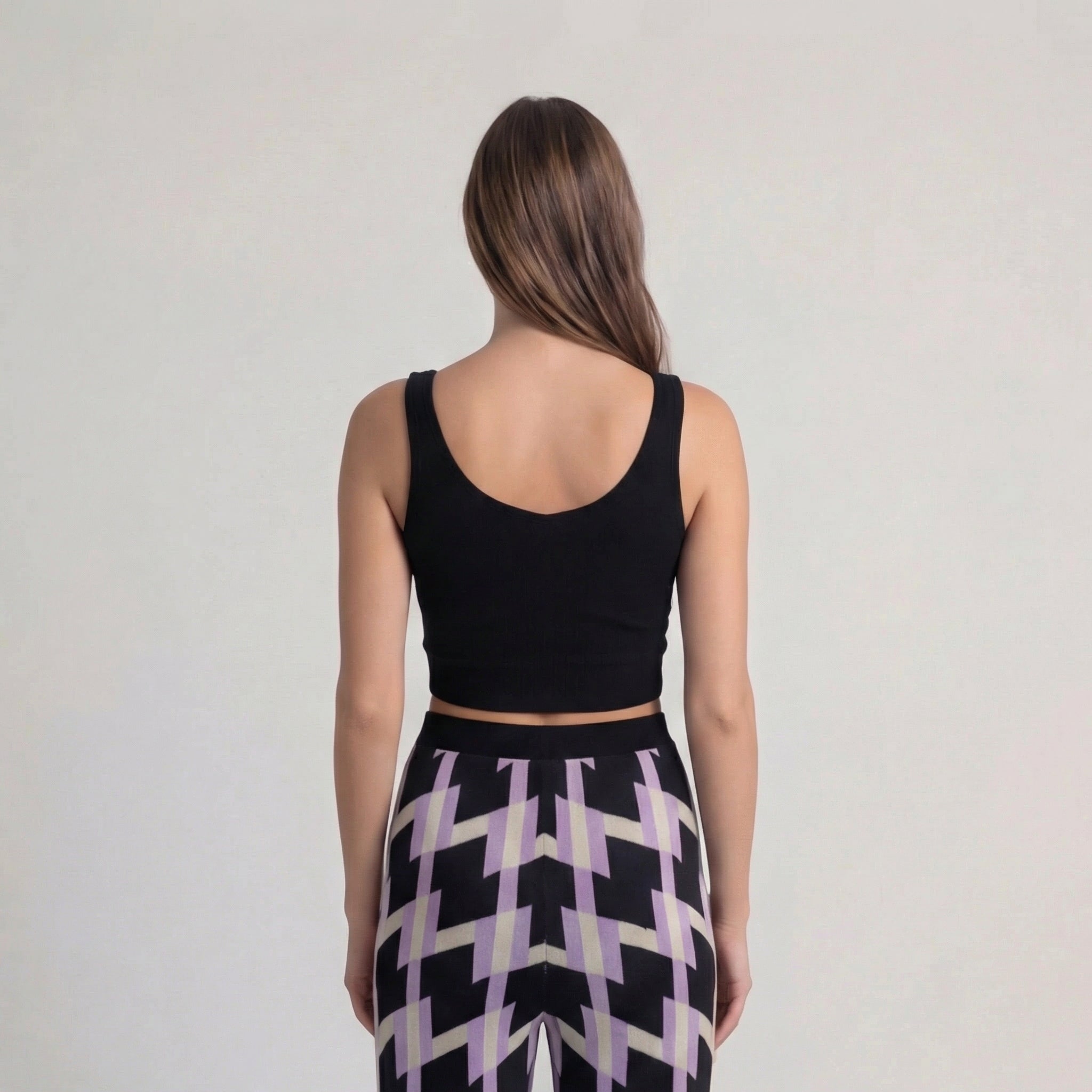 Retro Geometric Pattern Knit Wide-Leg Trousers in Purple & Black