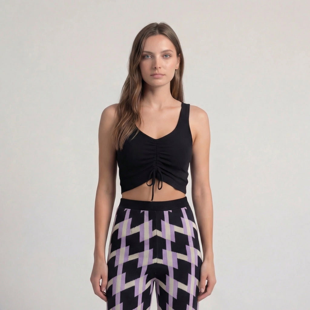 Retro Geometric Pattern Knit Wide-Leg Trousers in Purple & Black