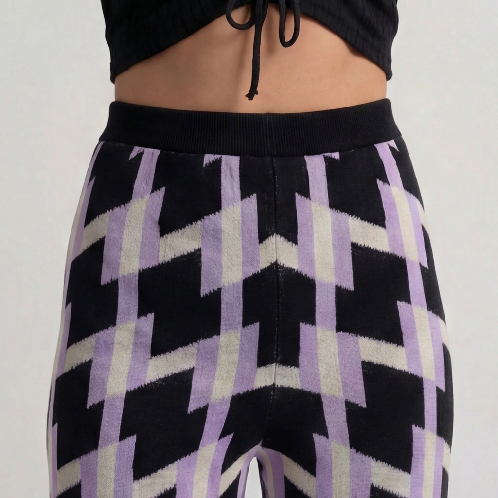 Retro Geometric Pattern Knit Wide-Leg Trousers in Purple & Black