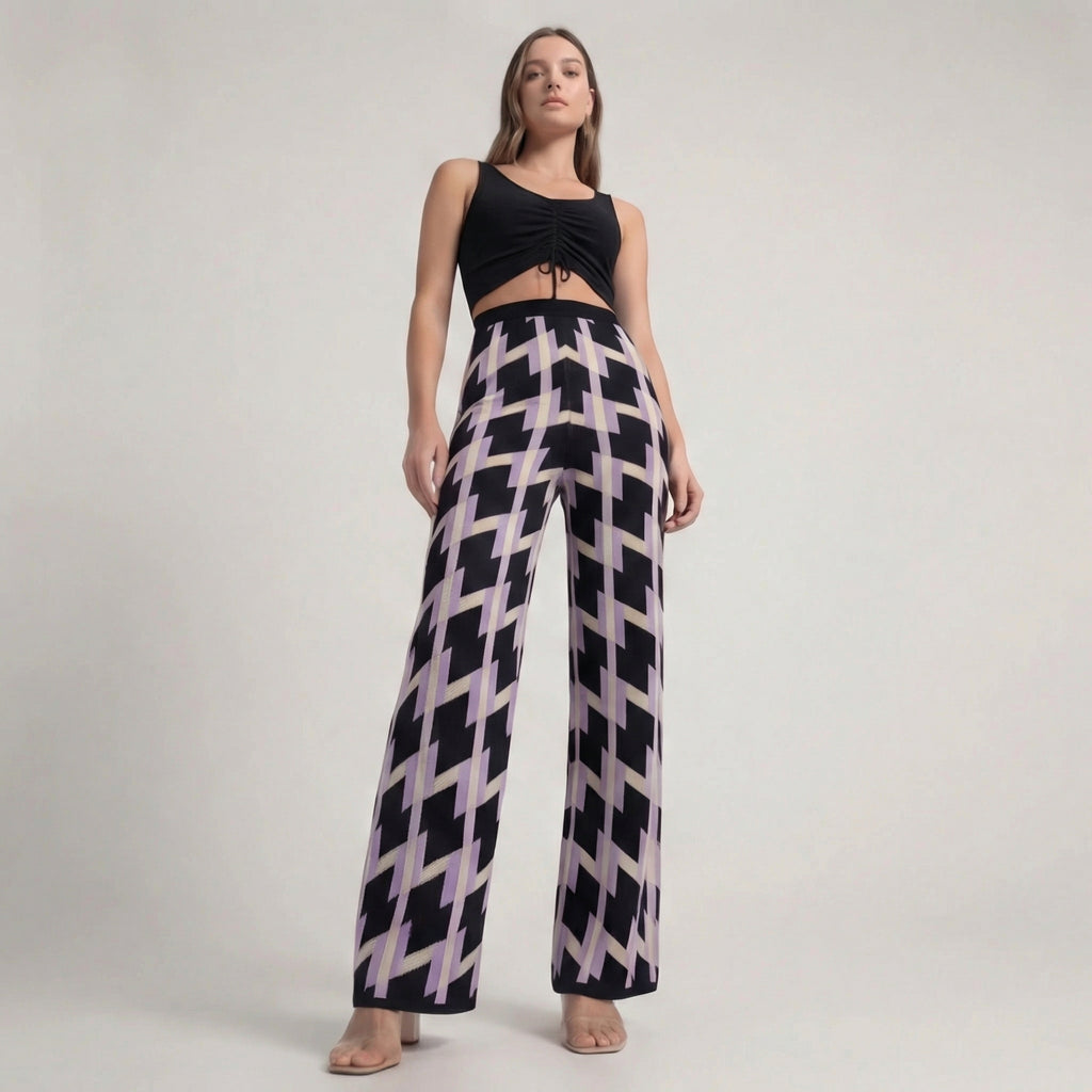 Retro Geometric Pattern Knit Wide-Leg Trousers in Purple & Black