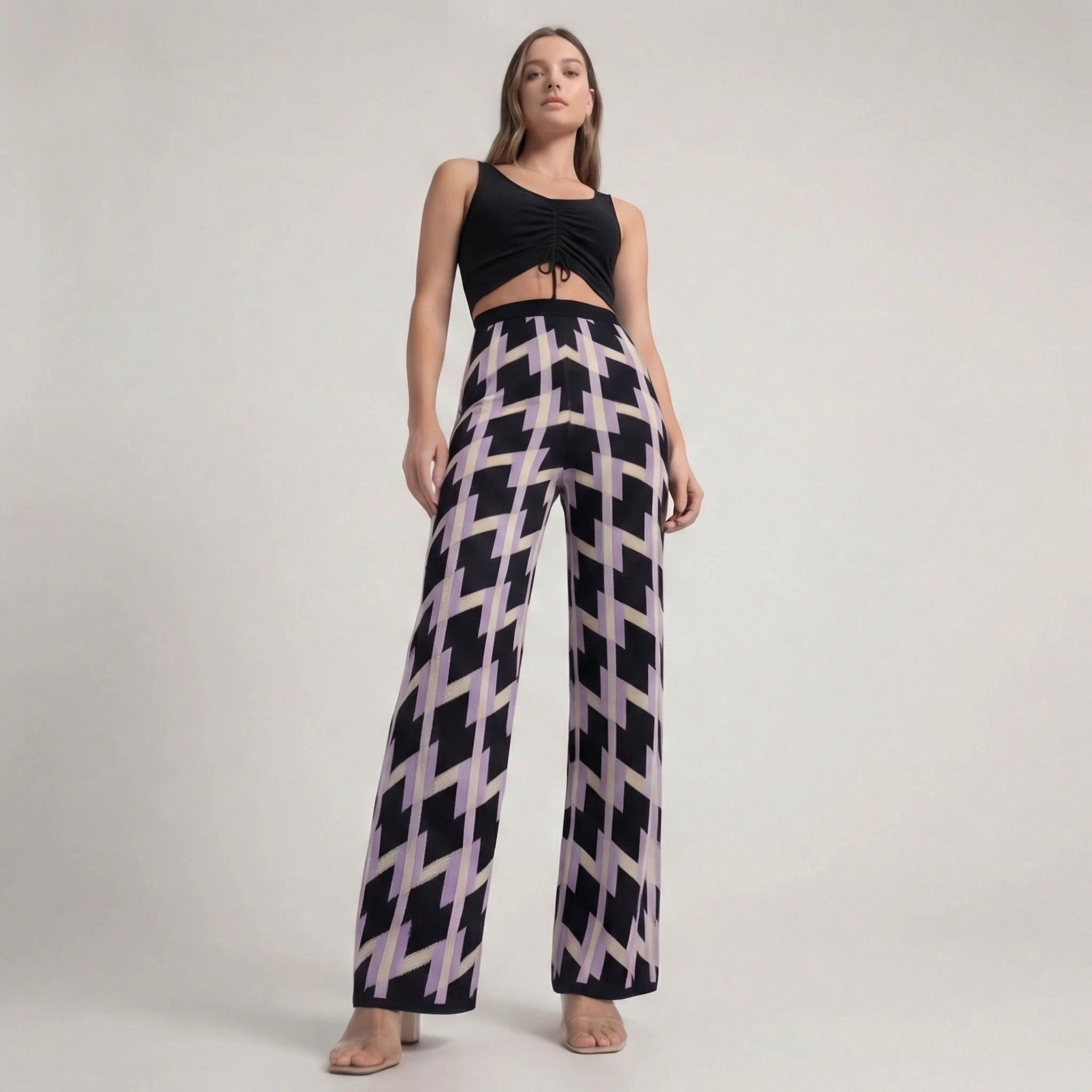 Retro Geometric Pattern Knit Wide-Leg Trousers in Purple & Black