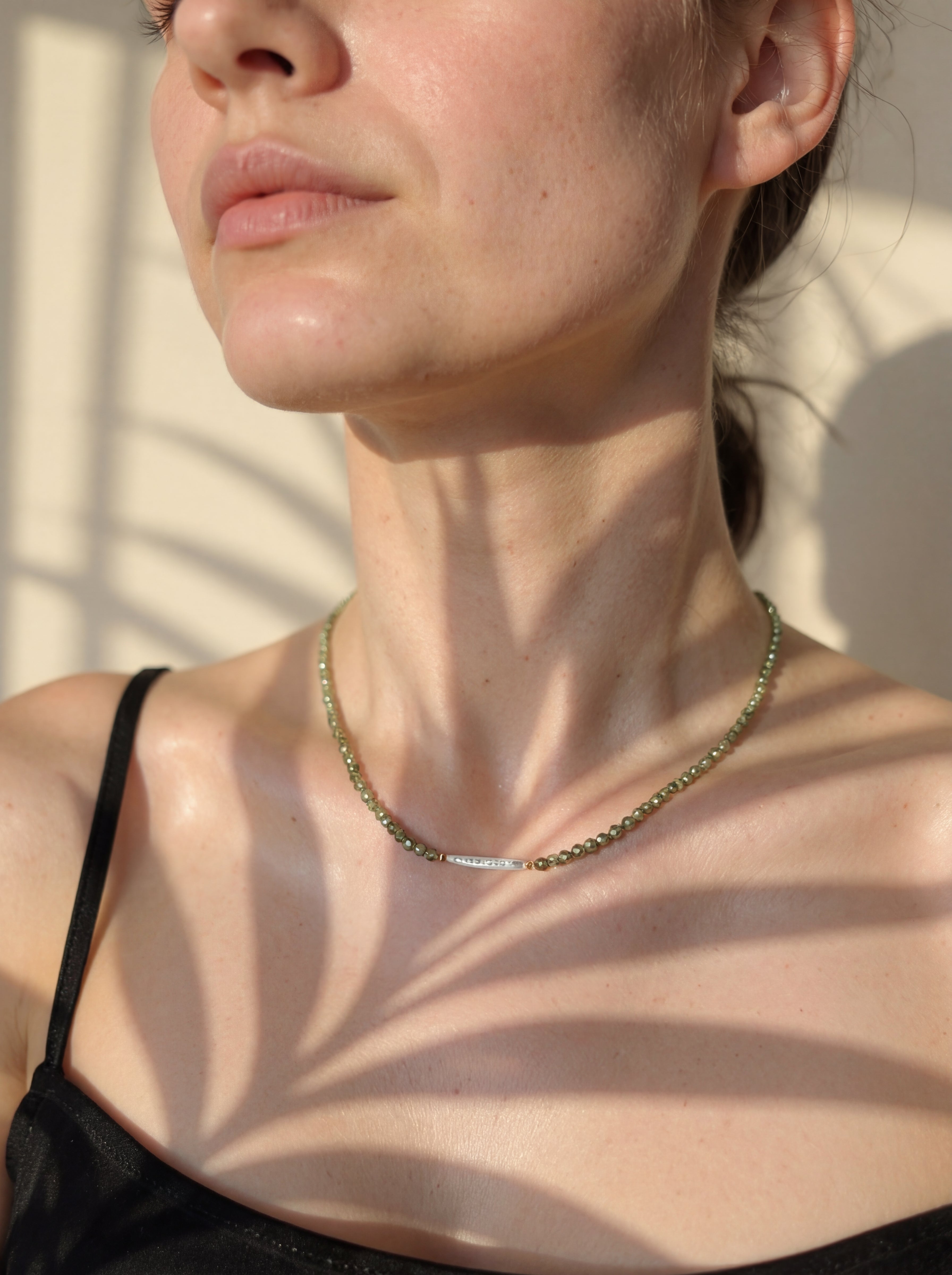 Freshwater Pearl Bar Bead Necklace - Dainty Olive Green Beaded