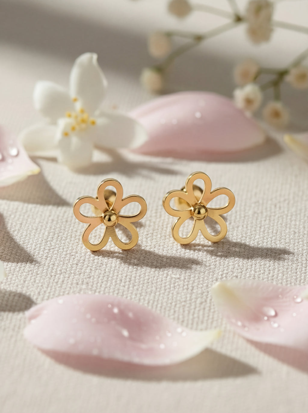 Gold flower-shaped earrings on a soft pink fabric background with flowers.
