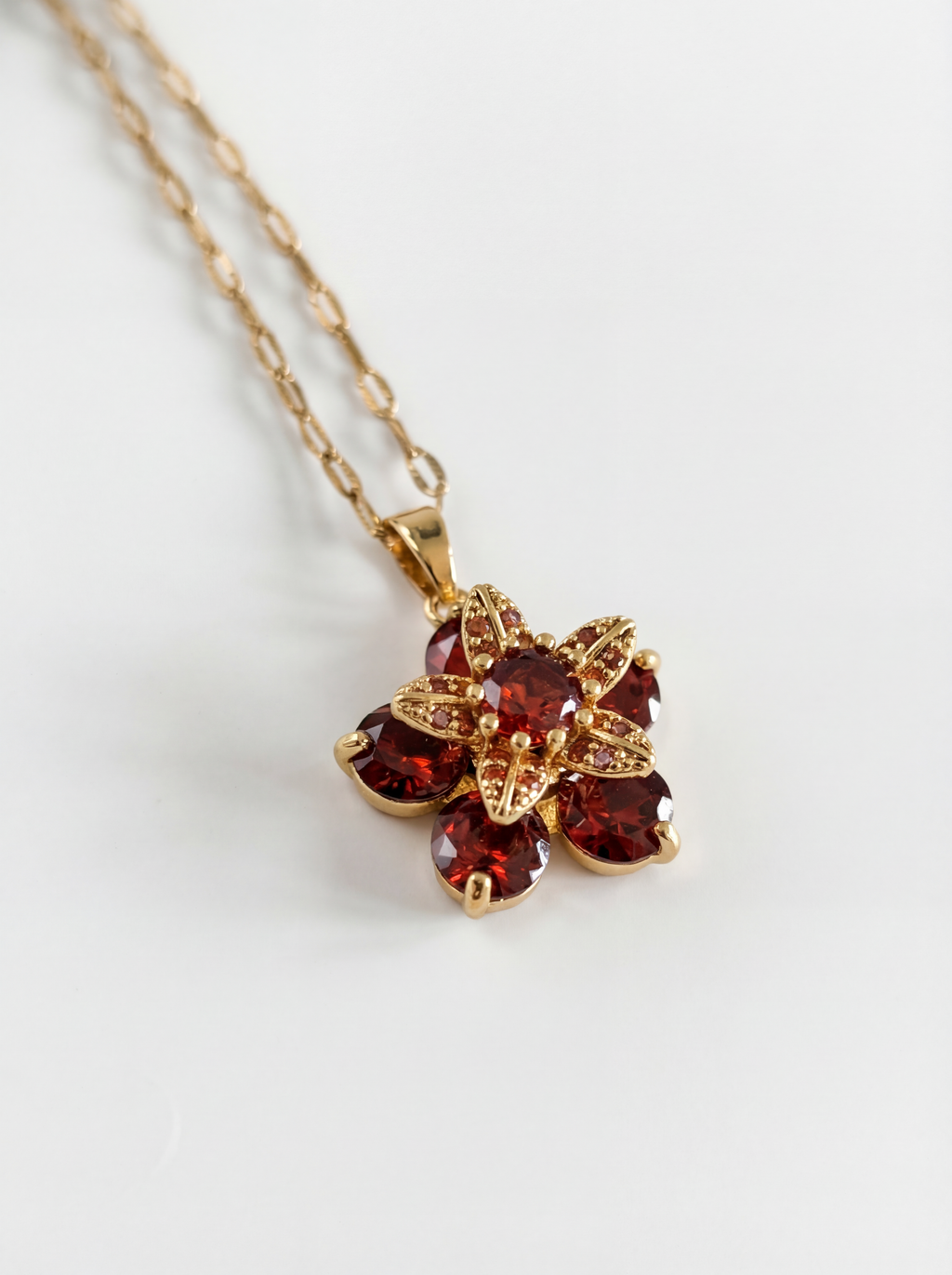 18K Gold Plated Ruby Flower Necklace - Zircon Simple Style