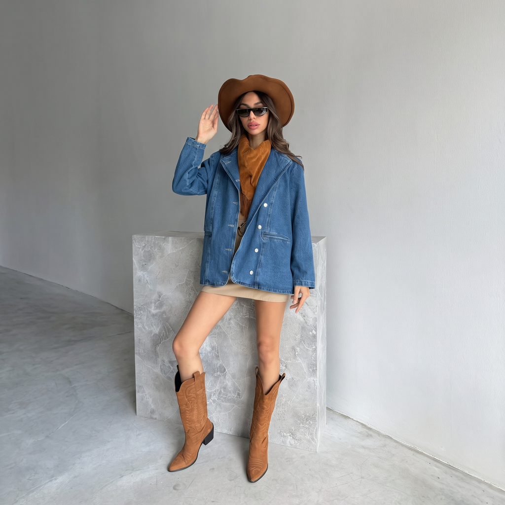 Oversized zweireihiger Jeansblazer in Blau