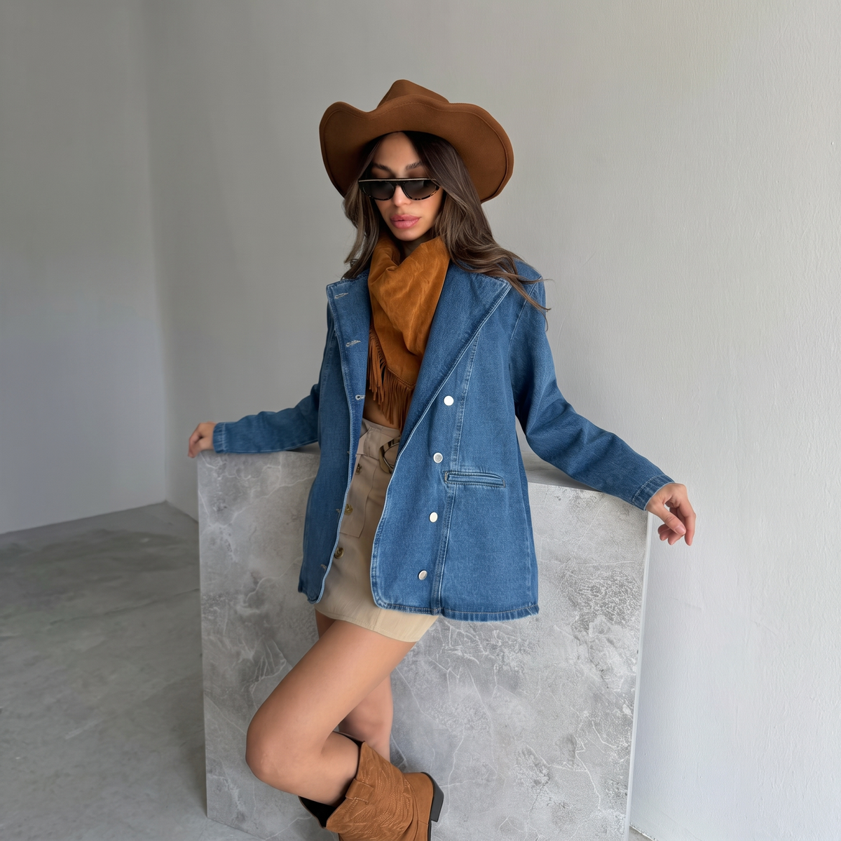 Oversized zweireihiger Jeansblazer in Blau