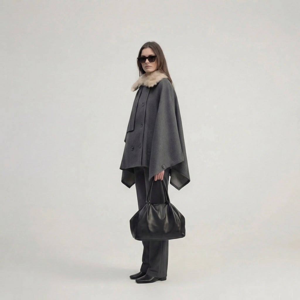 Grey Elegant Oversized Cape Poncho with Faux-Fur Collar