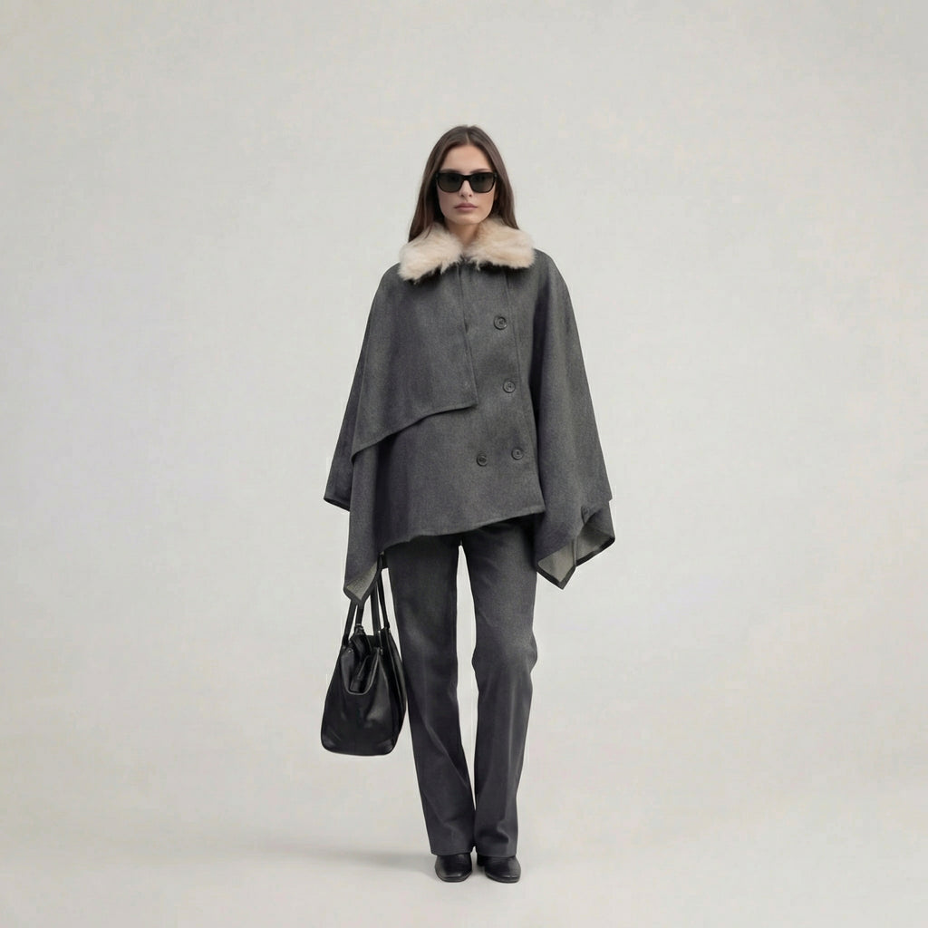 Grey Elegant Oversized Cape Poncho with Faux-Fur Collar