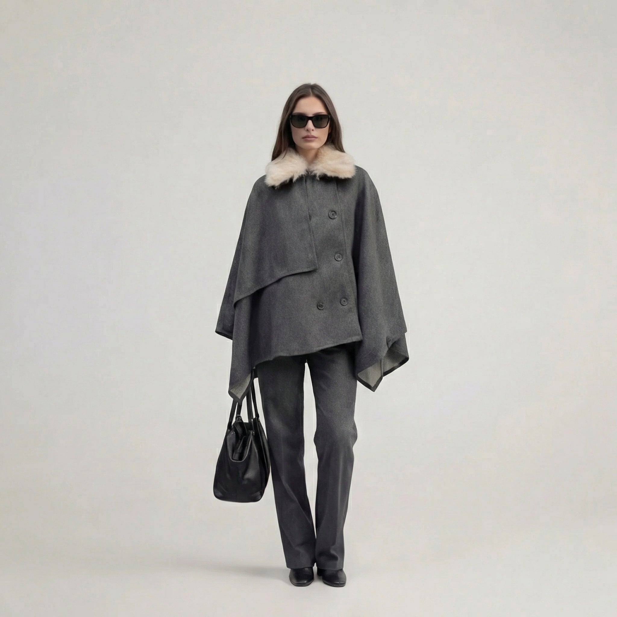 Grey Elegant Oversized Cape Poncho with Faux-Fur Collar