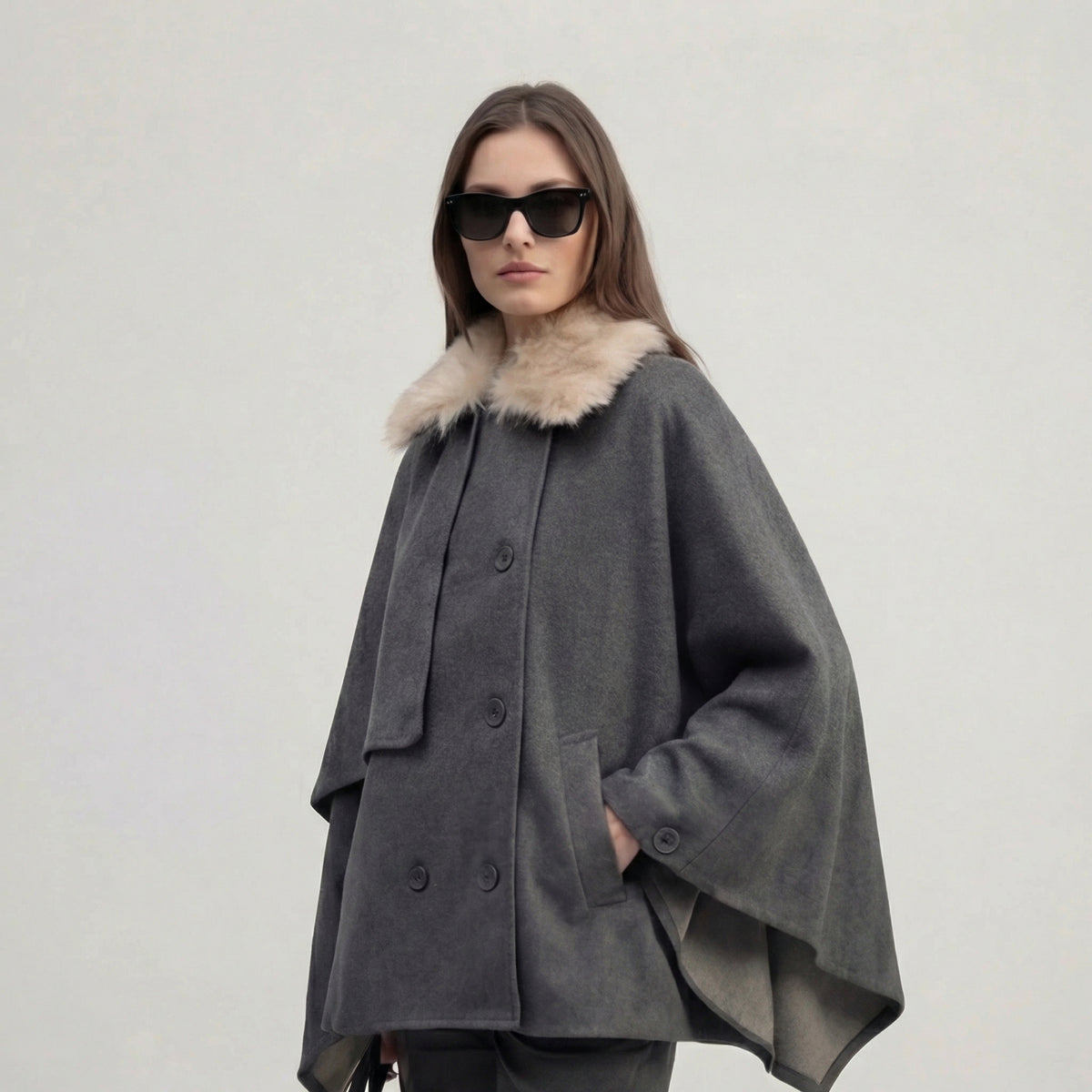 Grey Elegant Oversized Cape Poncho with Faux-Fur Collar