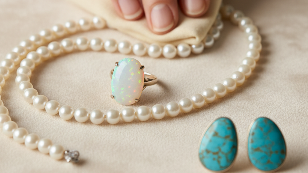 Pearl necklace, opal ring, and turquoise earrings on a beige surface