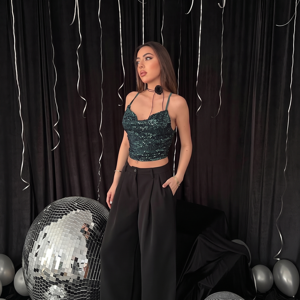 Emerald Green Sequin Cowl Neck Strappy Crop Top