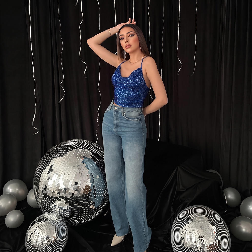 Cobalt Blue Sequin Strappy Cowl Neck Party Top