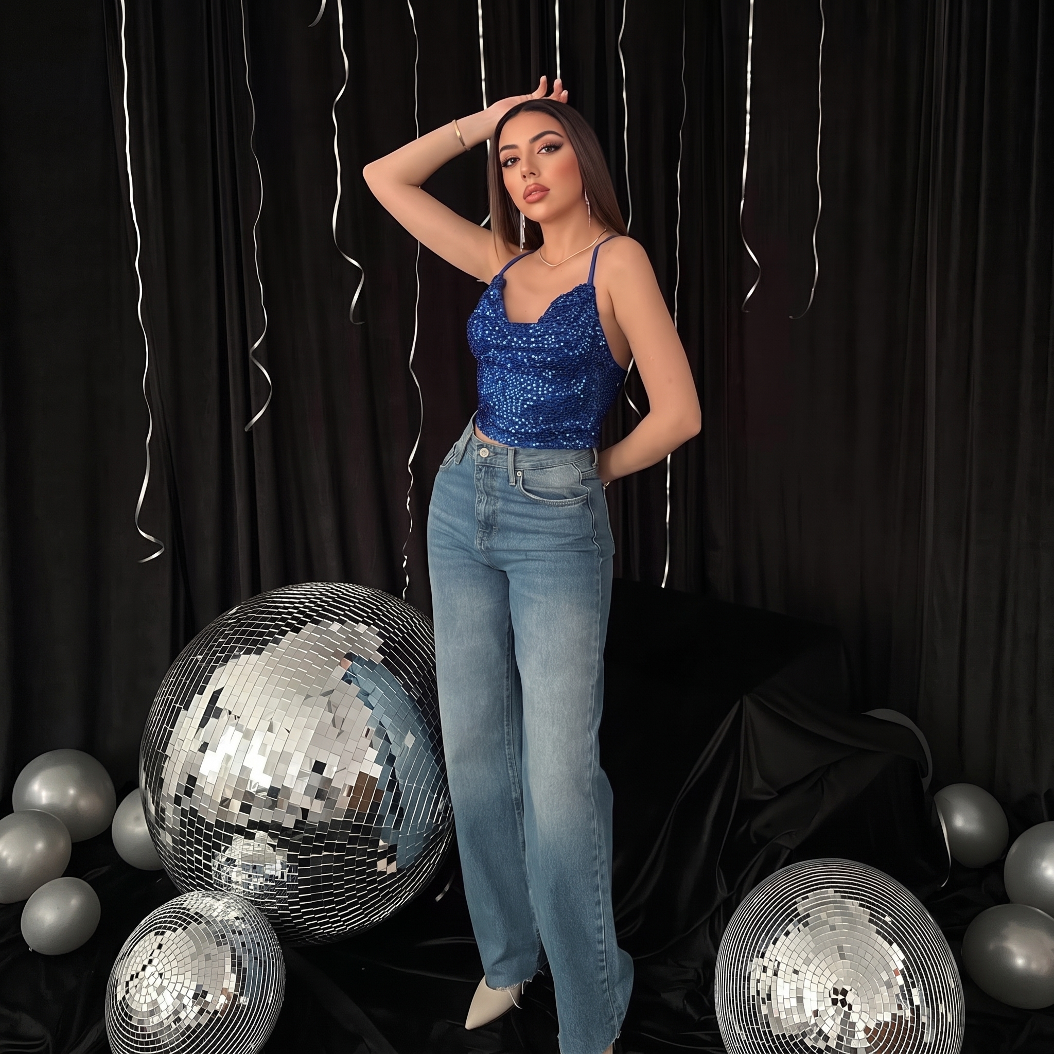 Cobalt Blue Sequin Strappy Cowl Neck Party Top