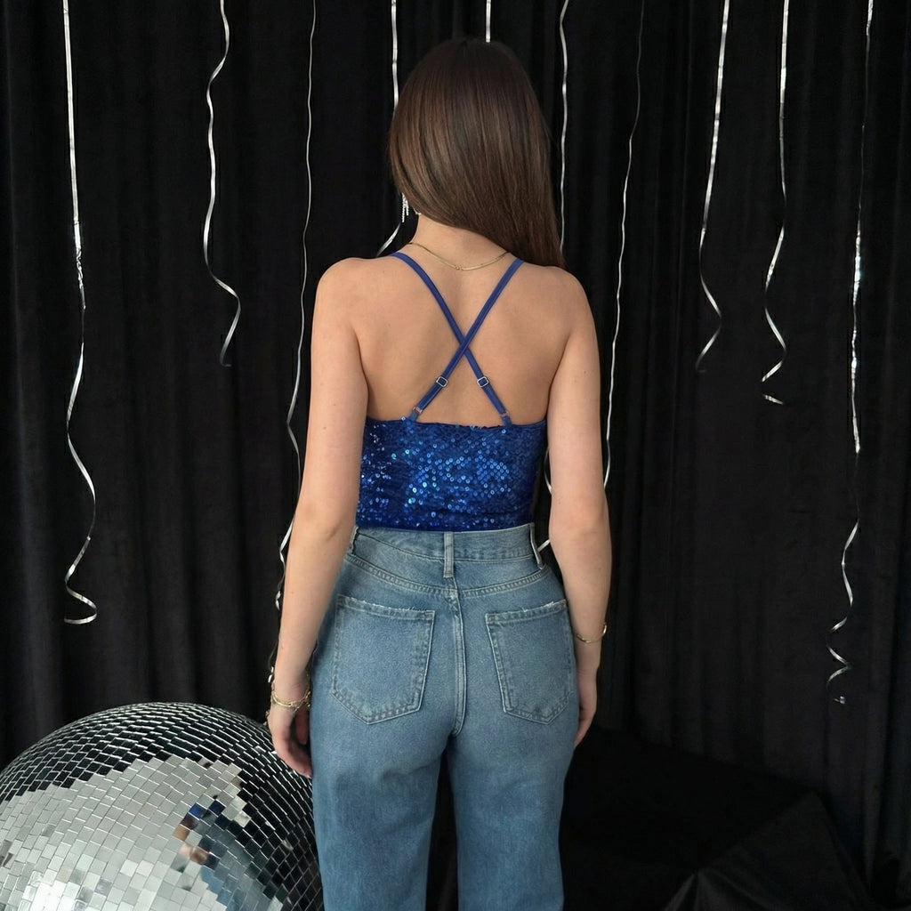 Cobalt Blue Sequin Strappy Cowl Neck Party Top