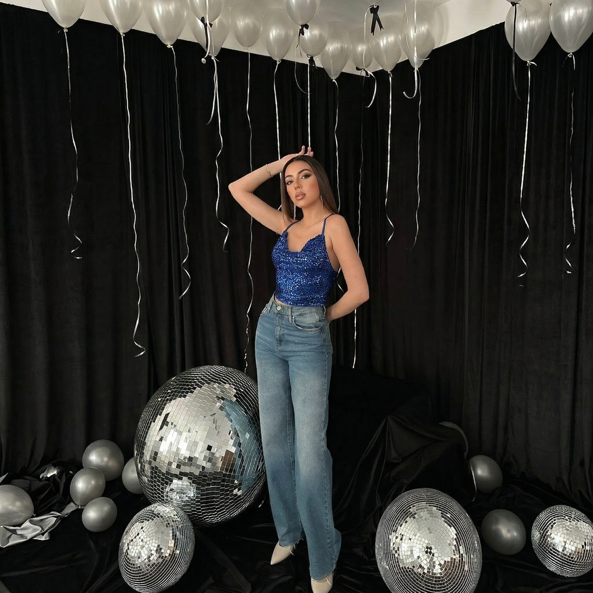 Cobalt Blue Sequin Strappy Cowl Neck Party Top
