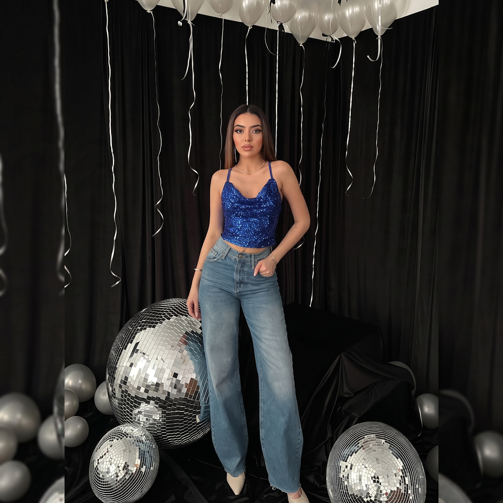 Cobalt Blue Sequin Strappy Cowl Neck Party Top