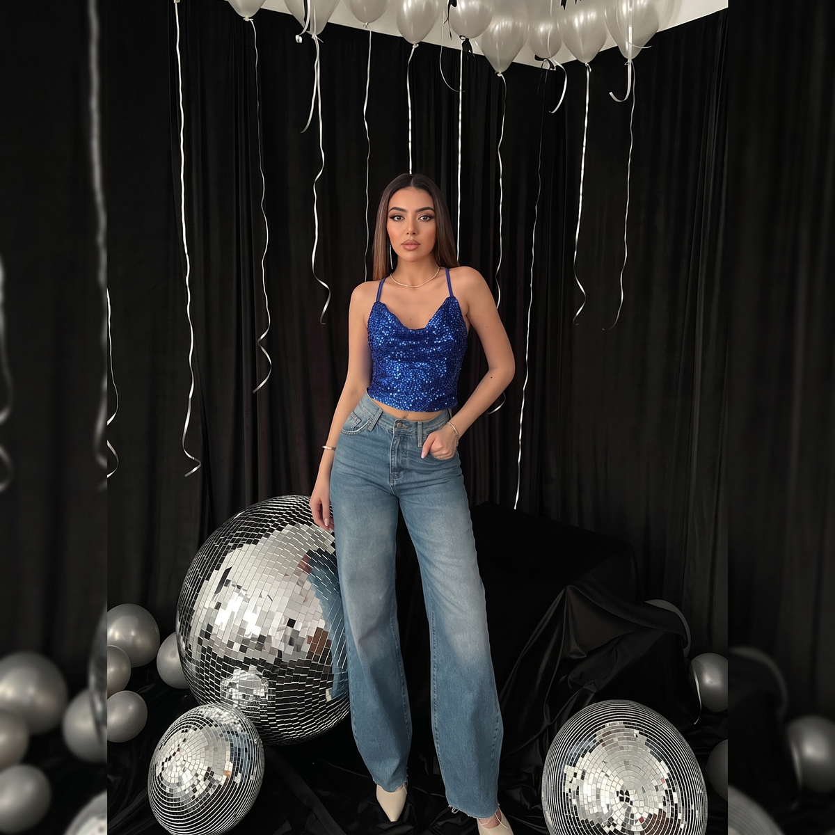 Cobalt Blue Sequin Strappy Cowl Neck Party Top