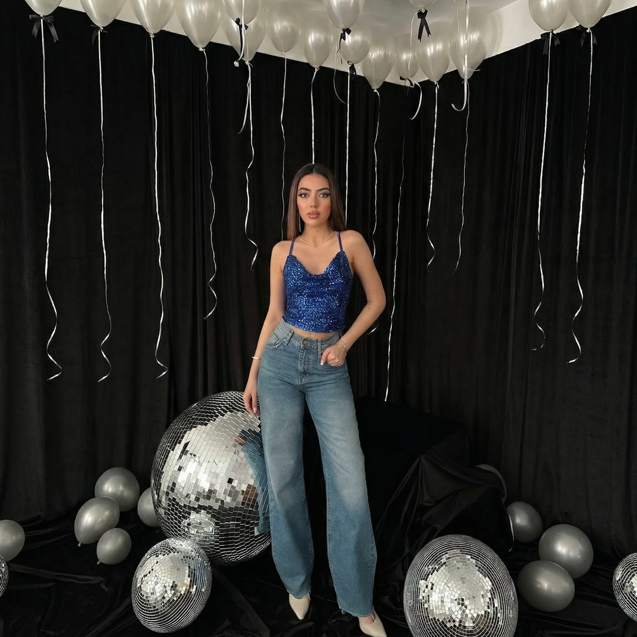Cobalt Blue Sequin Strappy Cowl Neck Party Top